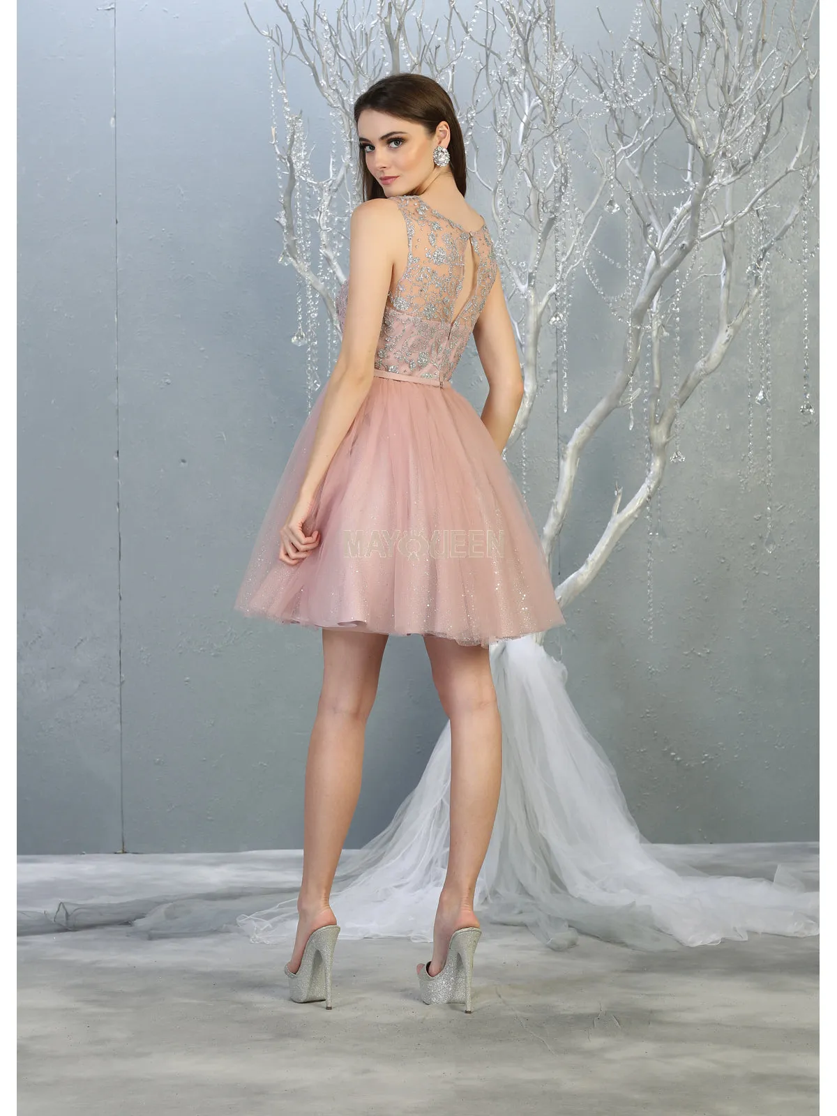 MQ 1803 - Shimmer Tulle A-Line Homecoming Dress with Glitter Print Bodice