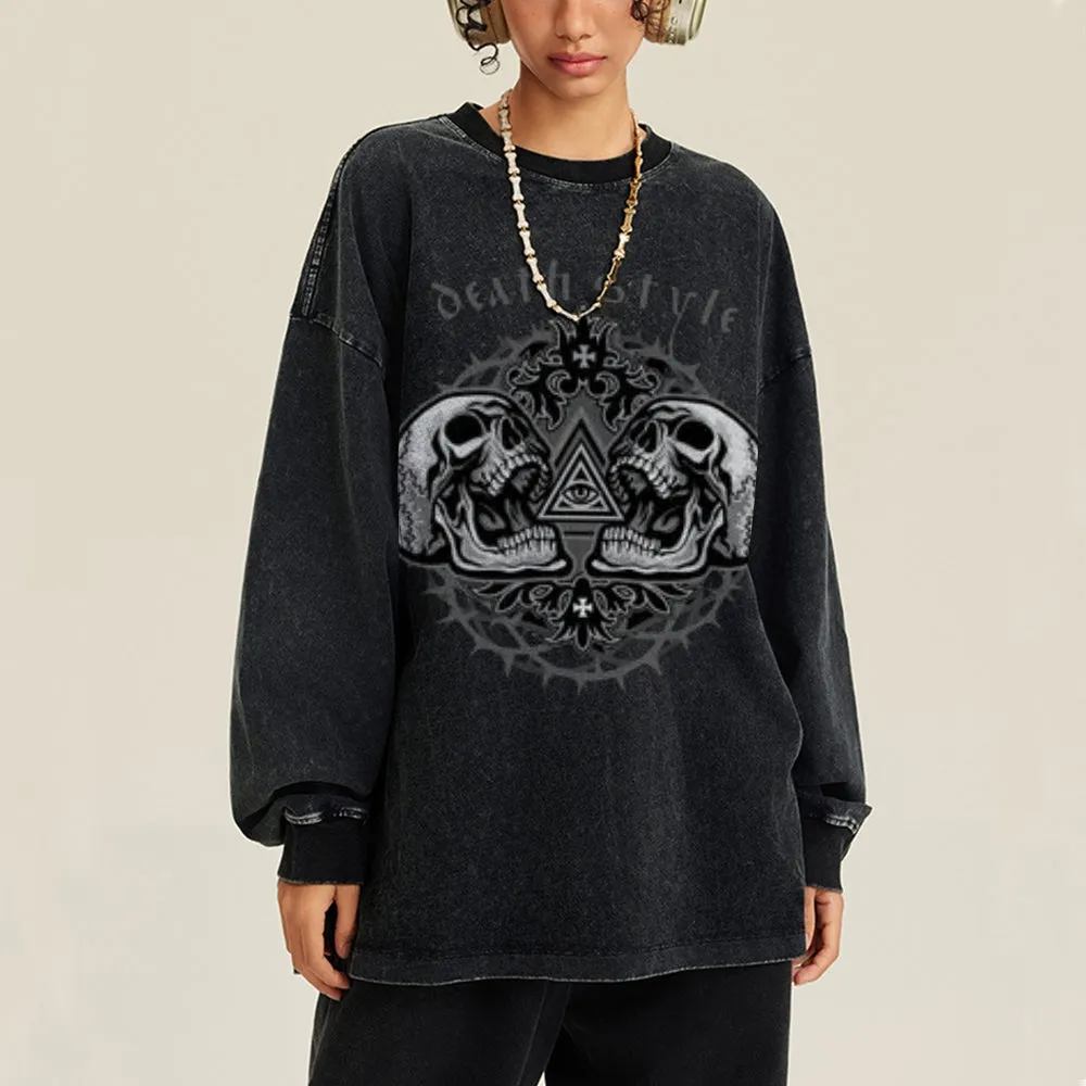 Oversized Vintage Washed Gothic Death Style Graphic Sweatshirt