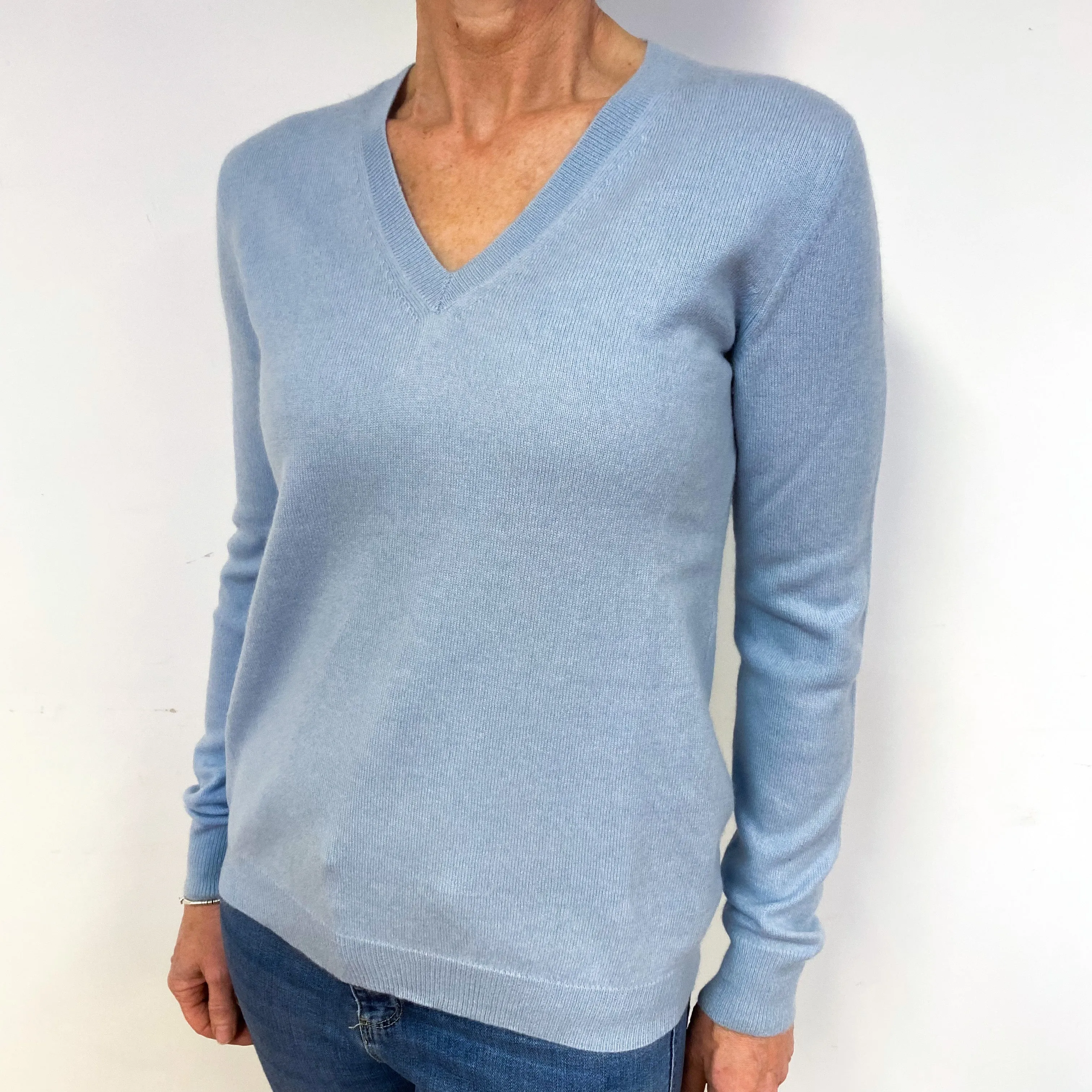 Pale Blue Cashmere V-Neck Jumper Medium