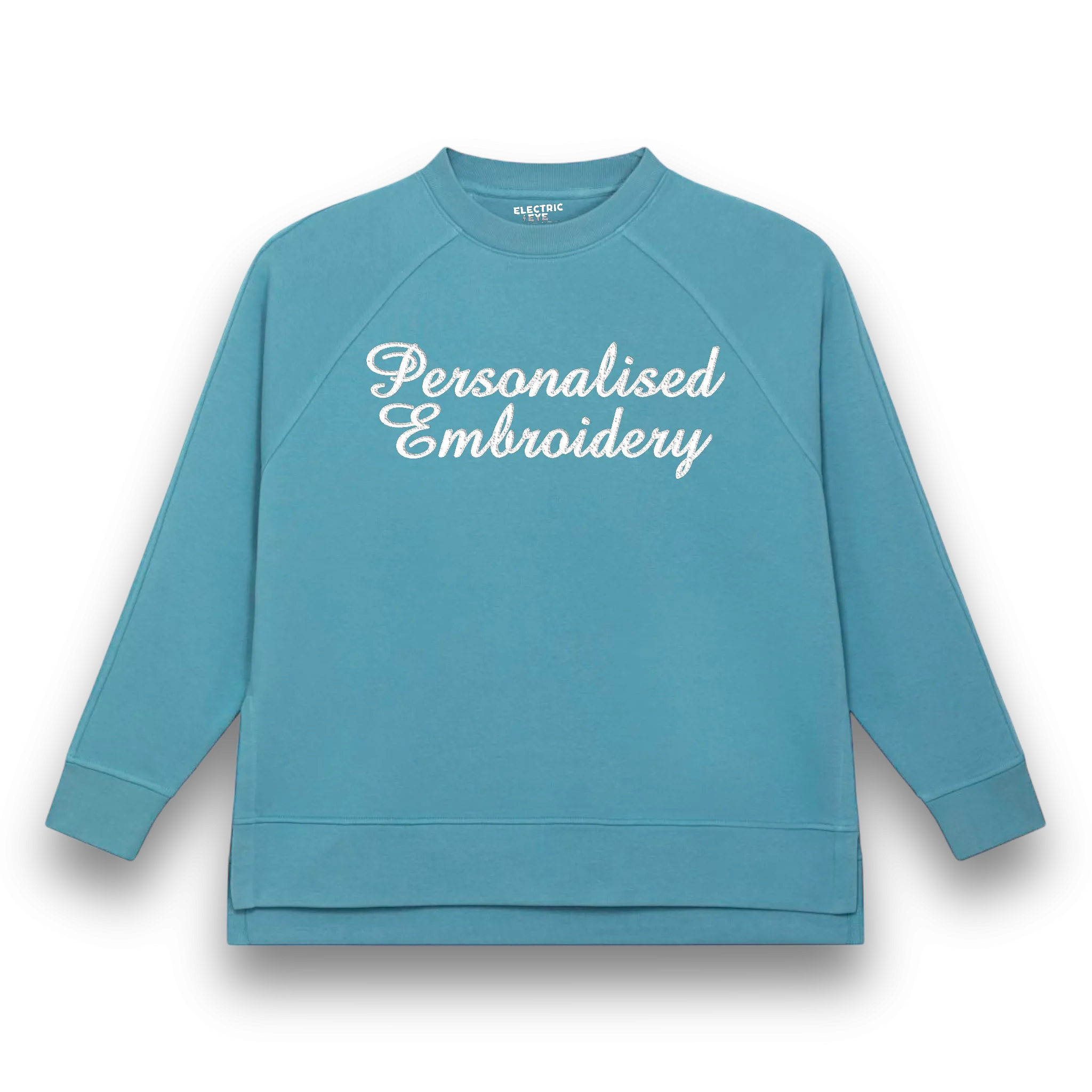 Personalised Lyric Centre Chest Embroidered premium organic women's oversized raglan sleeve side slit 'Wilder' sweatshirt - choose your own lyrics, font and thread colour
