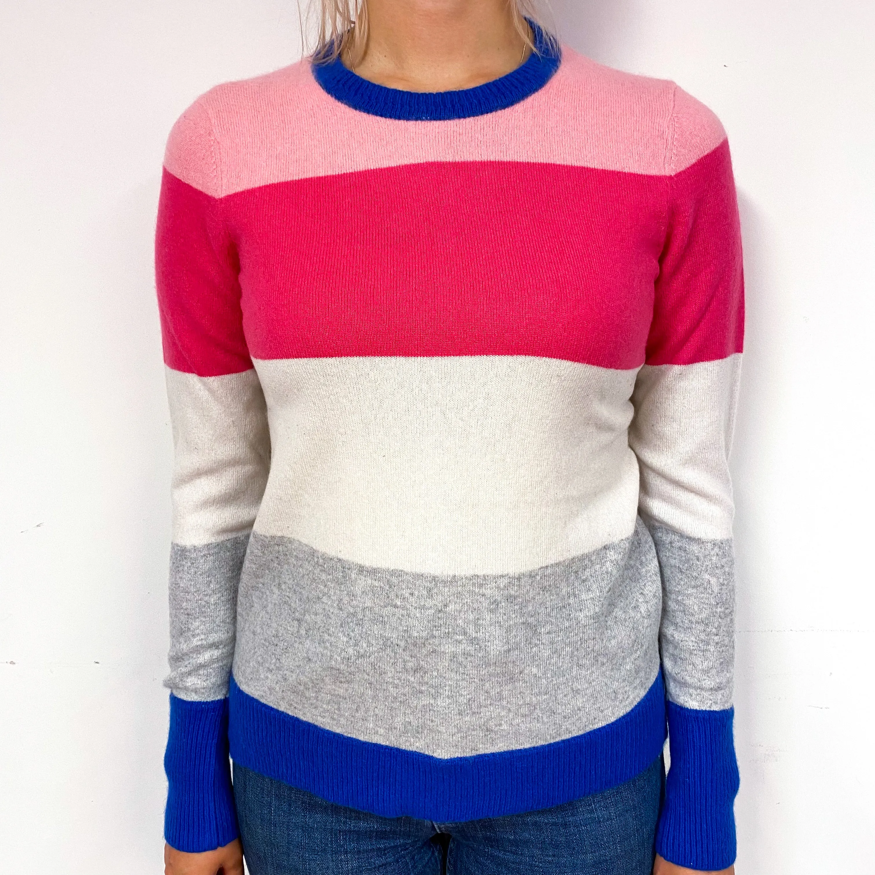 Pink and Blue Stripe Cashmere Crew Neck Jumper Small