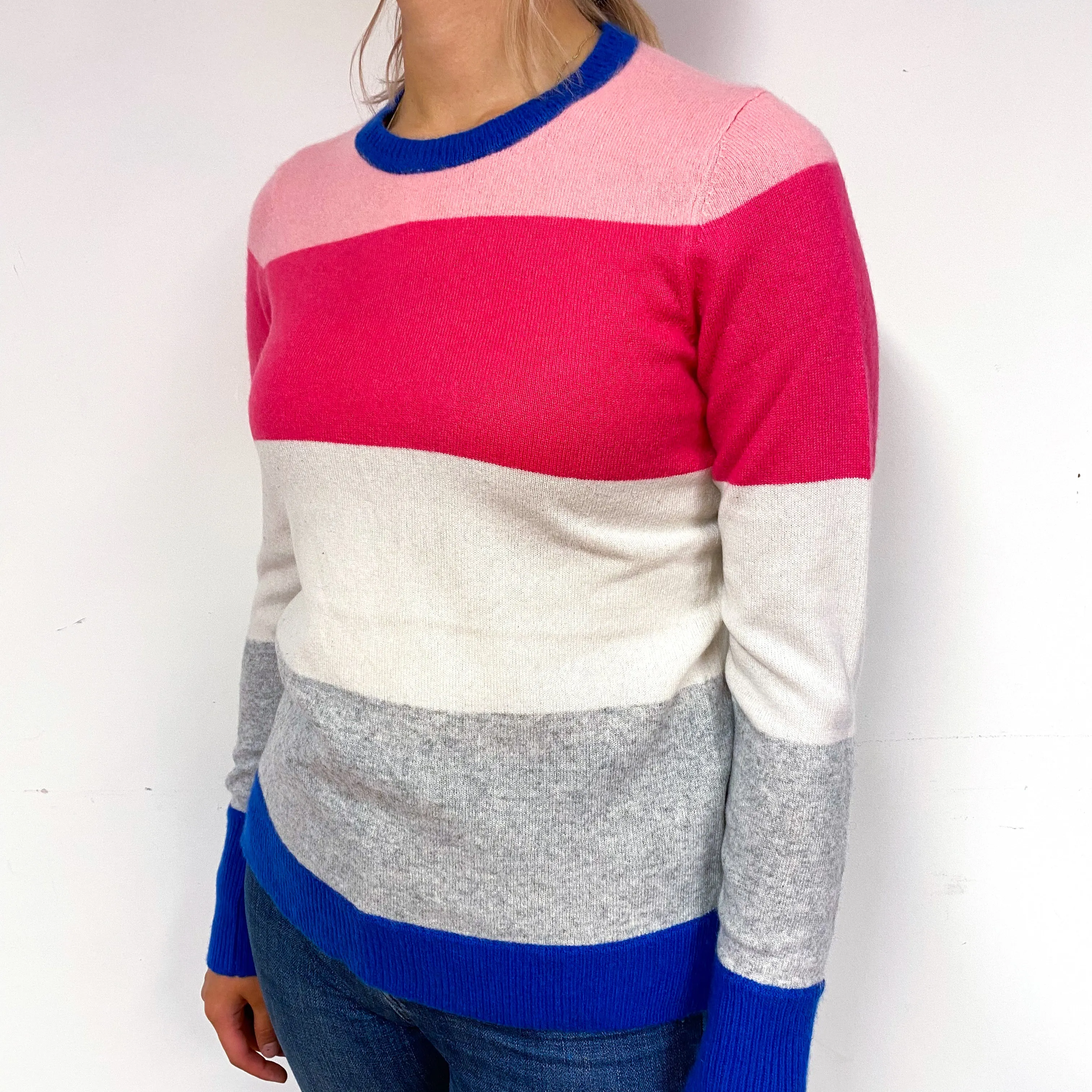 Pink and Blue Stripe Cashmere Crew Neck Jumper Small