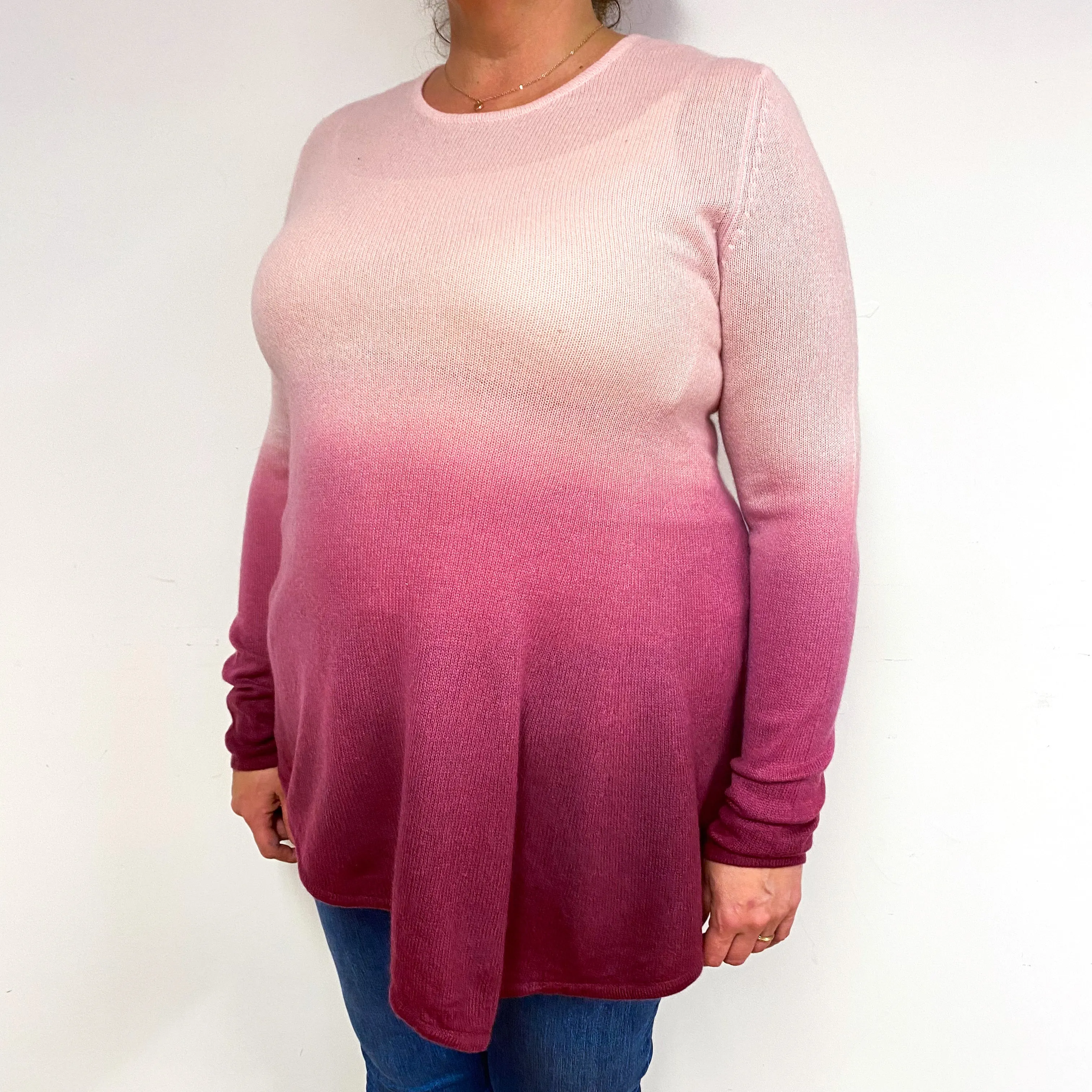 Pink Ombré Asymmetric Hem Cashmere Crew Neck Jumper Extra Large