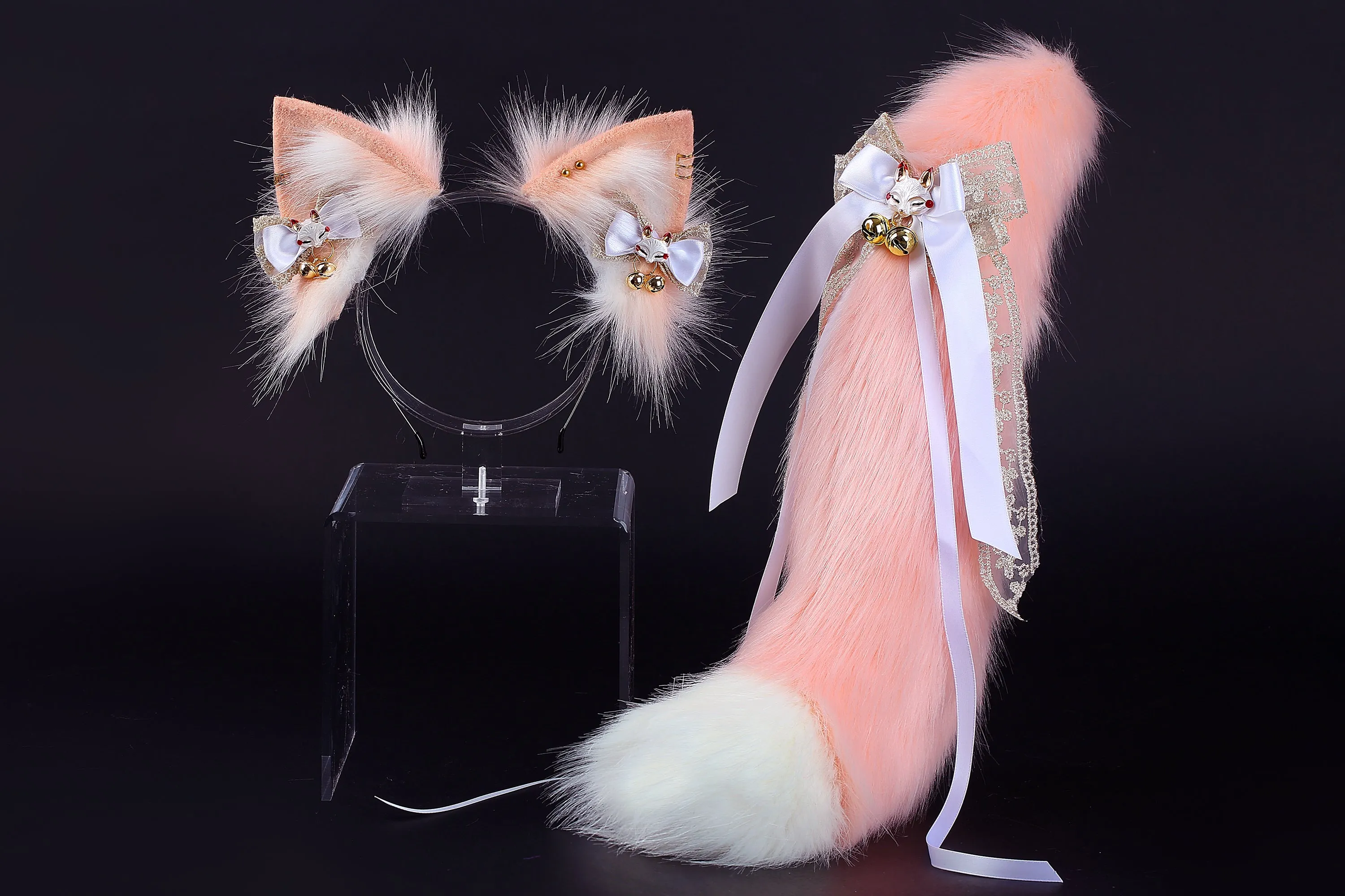 Pink white faux fur fox tail plug and ear wolf tail buttplug and ear kitten ear and tail plug set curved tail and ear plug cosplay -mature