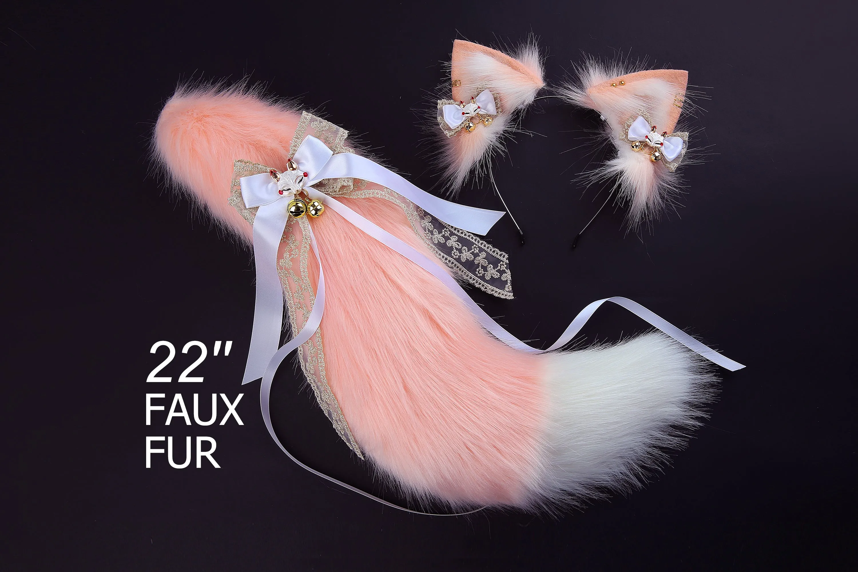 Pink white faux fur fox tail plug and ear wolf tail buttplug and ear kitten ear and tail plug set curved tail and ear plug cosplay -mature