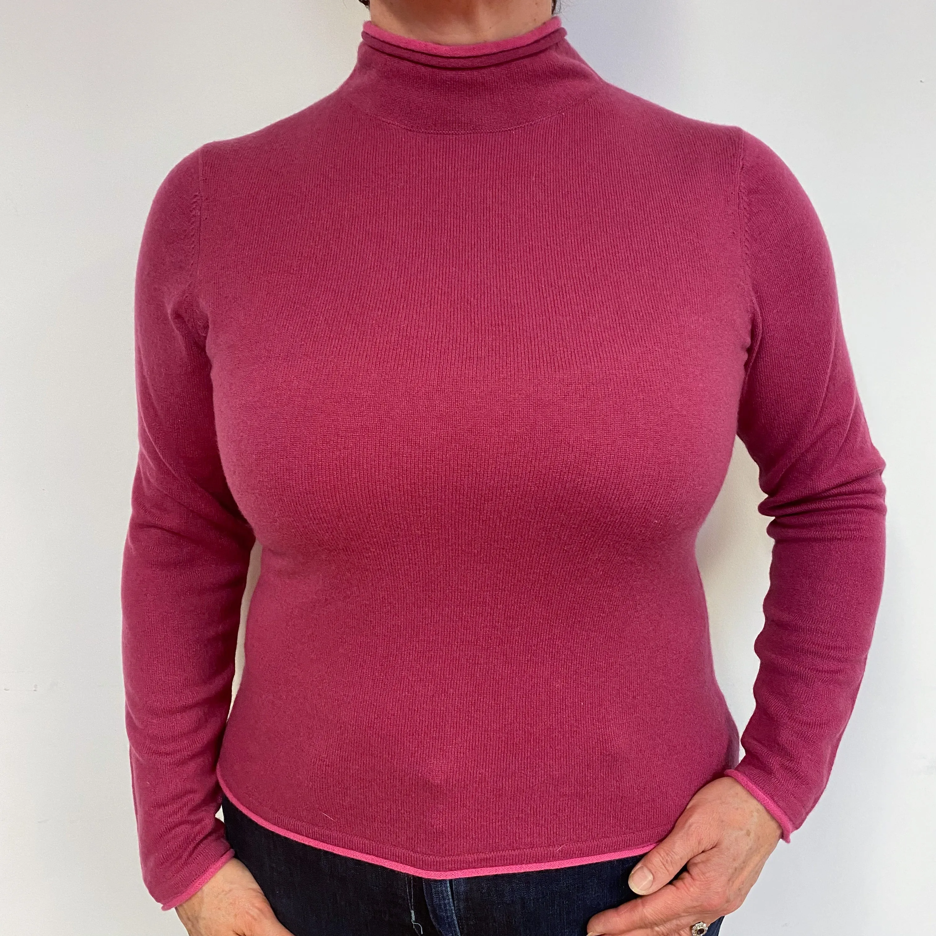 Raspberry Pink Cashmere Roll Neck Jumper Large