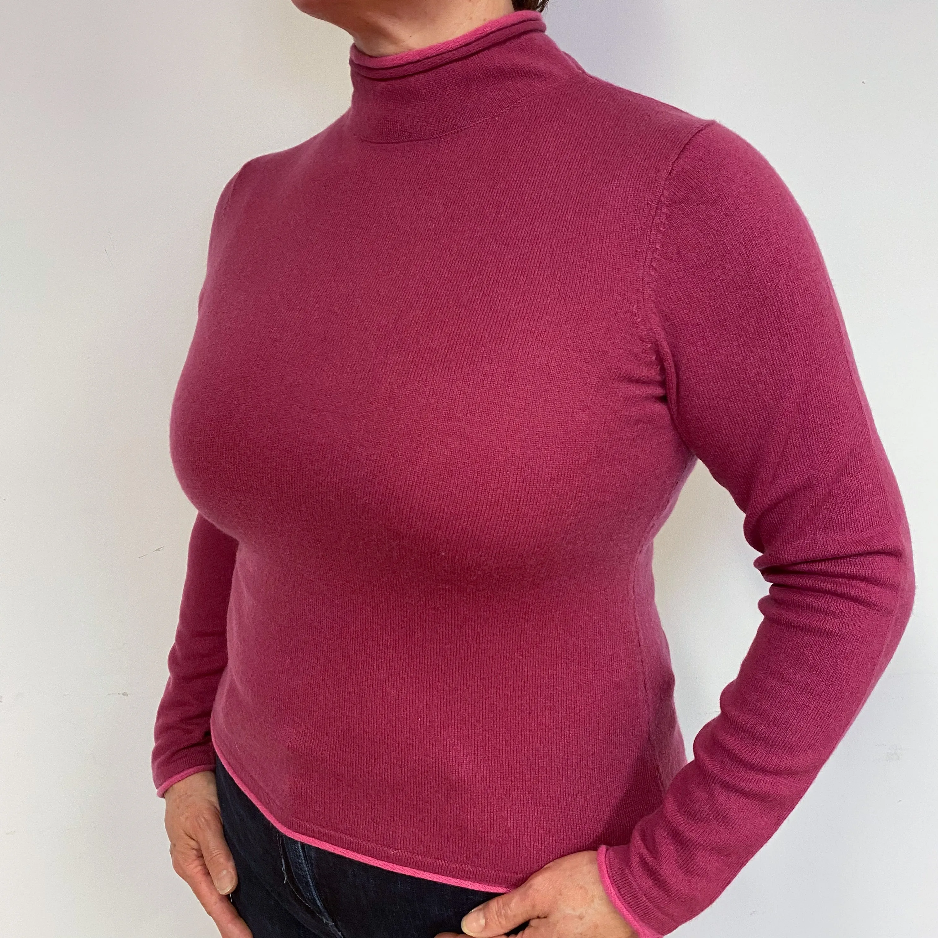 Raspberry Pink Cashmere Roll Neck Jumper Large