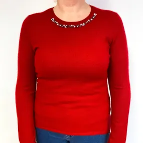 Red Diamanté Trim Cashmere Crew Neck Jumper Large
