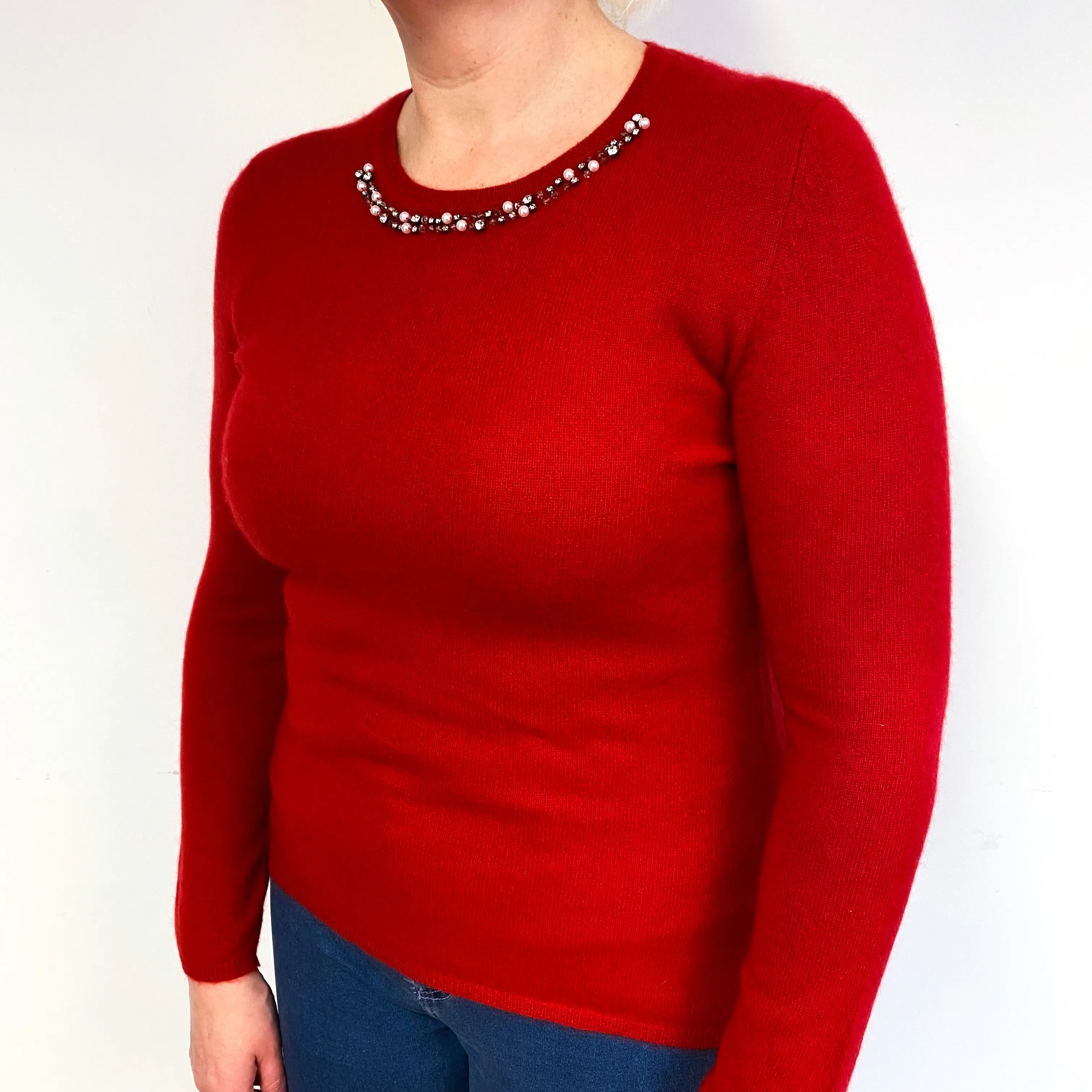Red Diamanté Trim Cashmere Crew Neck Jumper Large