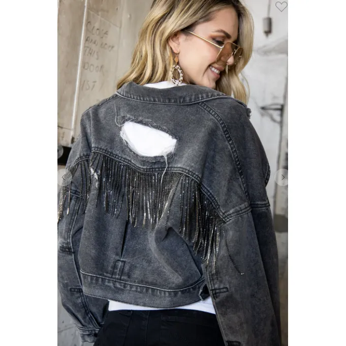 Rhinestone Fringe Denim Jacket