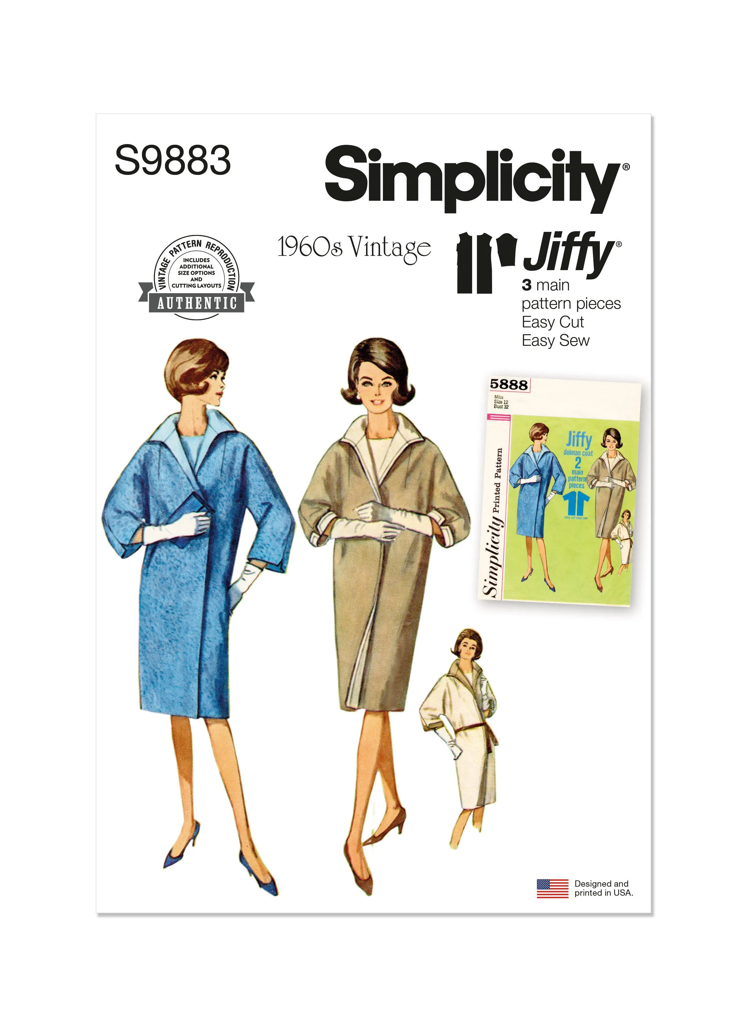S9883 Simplicity Sewing Pattern 1960s Misses' Reversible Coat