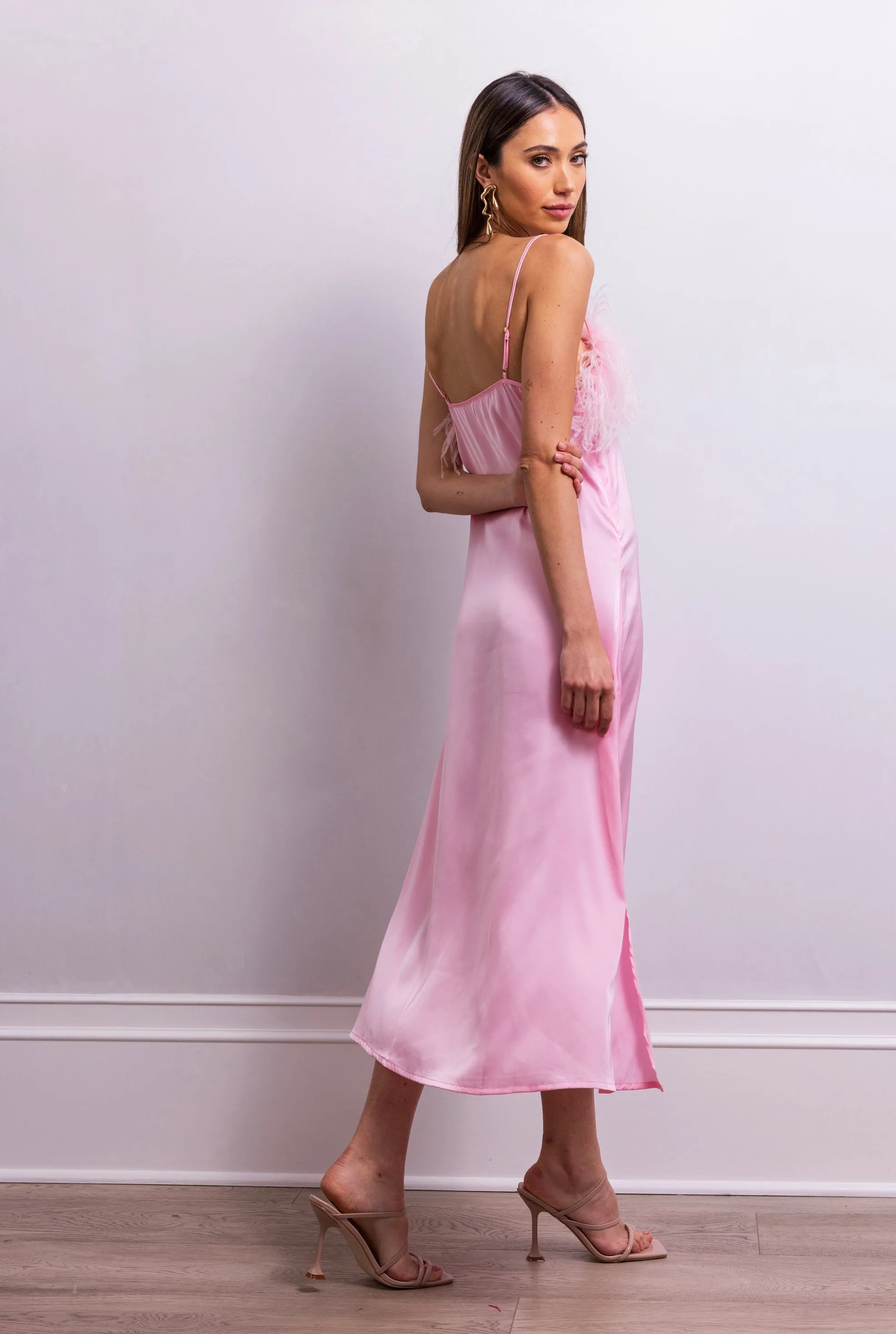 Secret Keeper Feather Midi Slip Dress in Pink