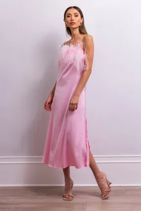 Secret Keeper Feather Midi Slip Dress in Pink
