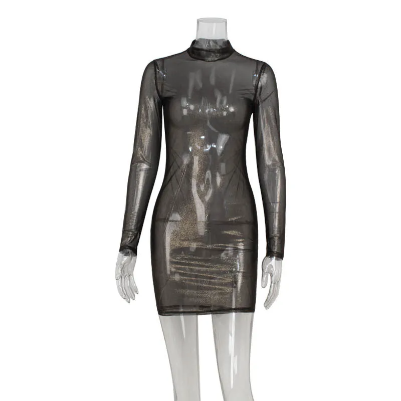 Sexy Long Sleeve Mesh Slim Thin Glittering Party Dress