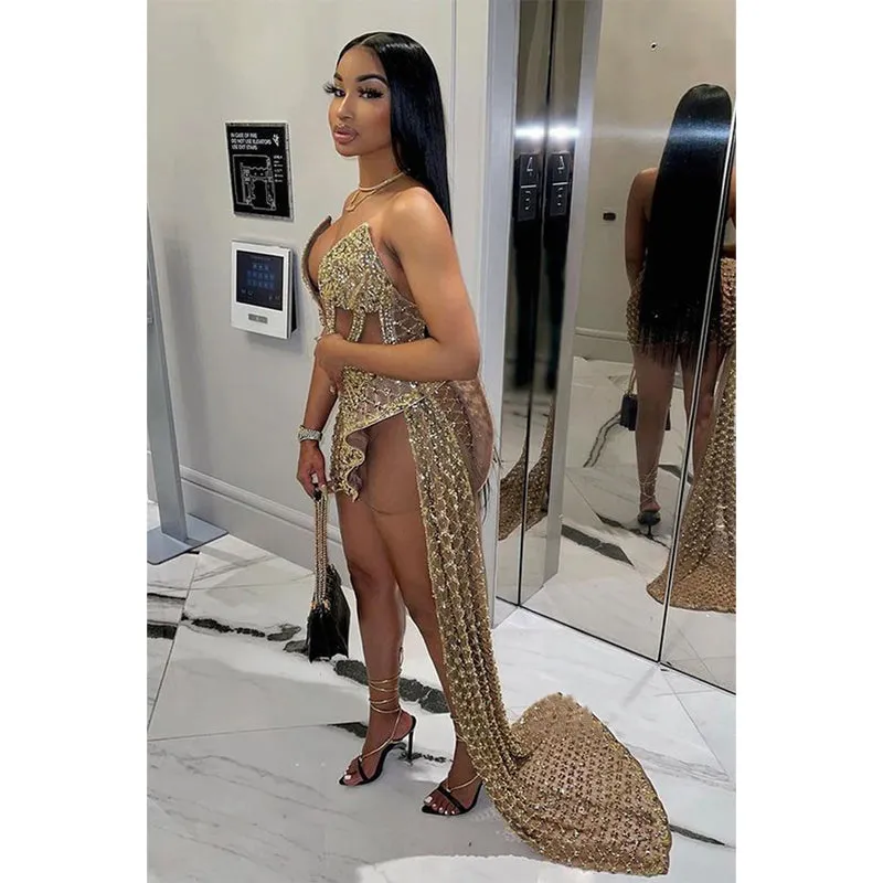 Sexy V-neck Heavy Beads Long Prom Dress for Black Girls Slay