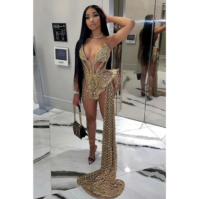 Sexy V-neck Heavy Beads Long Prom Dress for Black Girls Slay