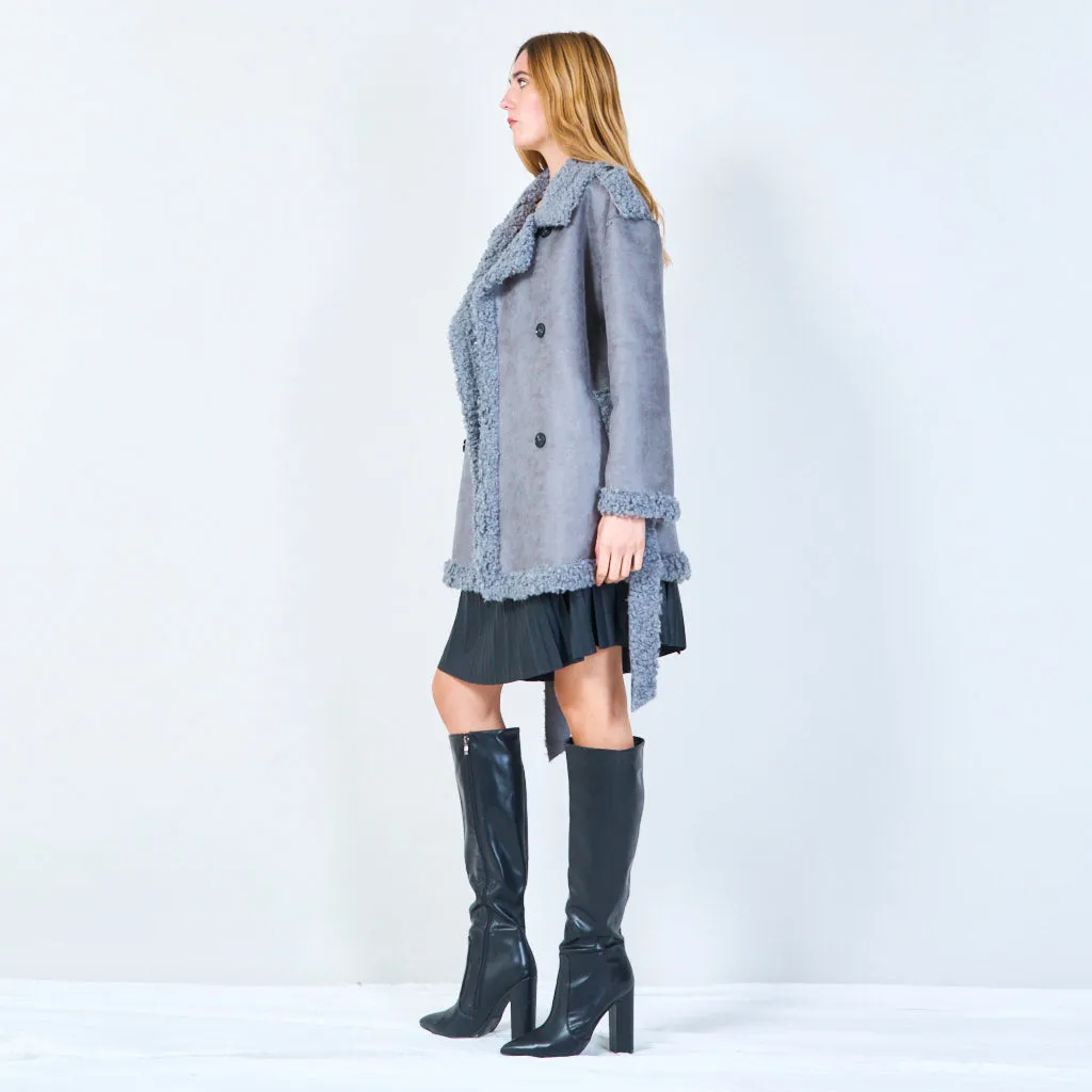 Shearling-lined belted coat with oversized lapels wholesale