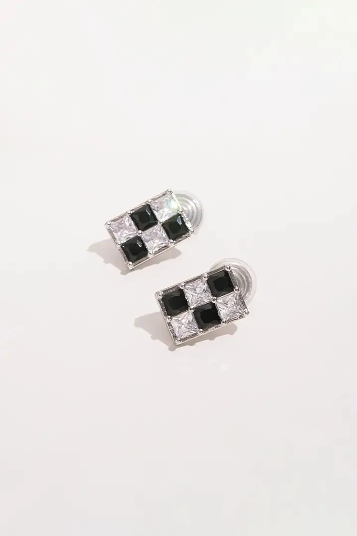 Silver Checkered Pattern Clip-on Earrings