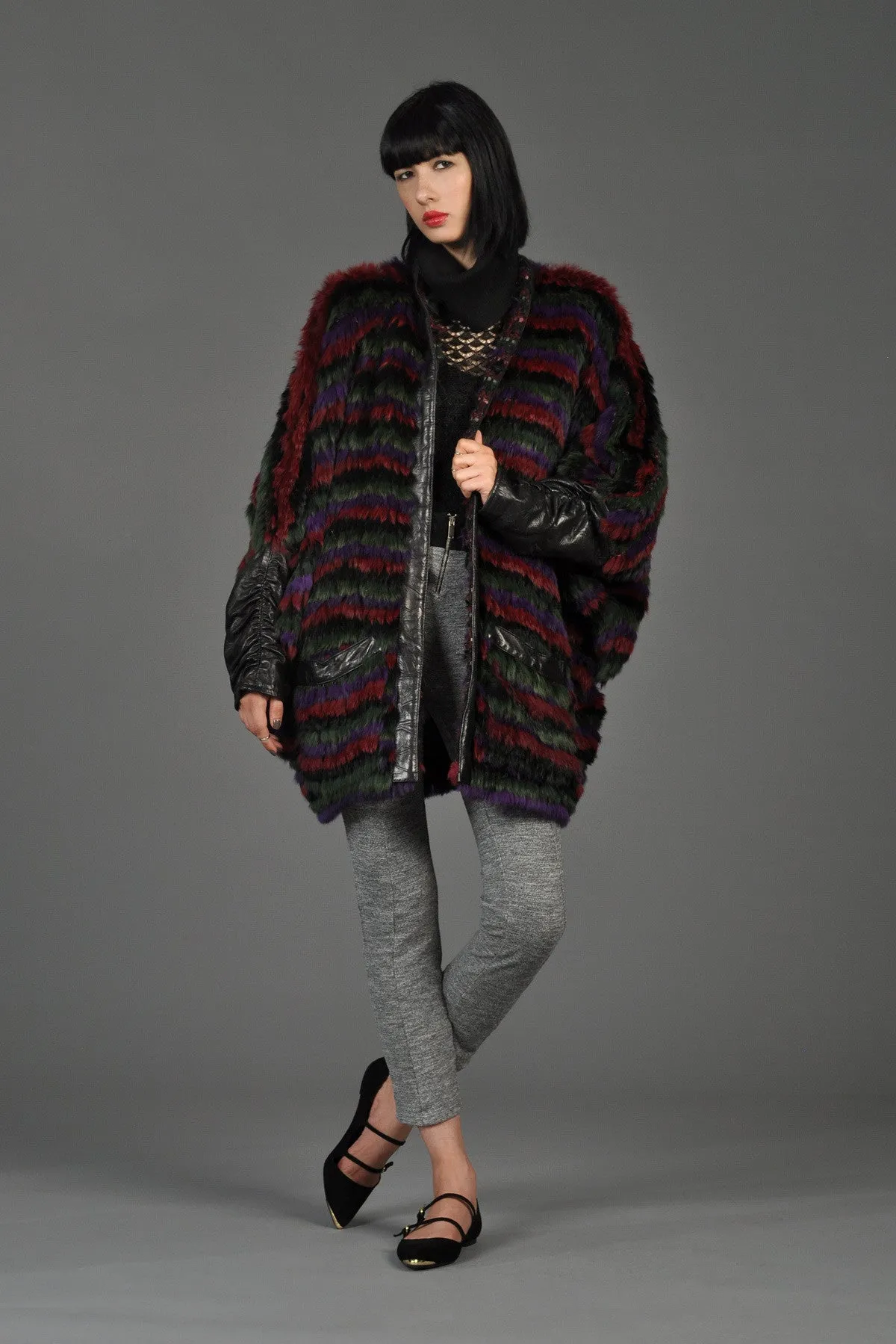Striped Fox Fur   Knit Coat with Leather Sleeves