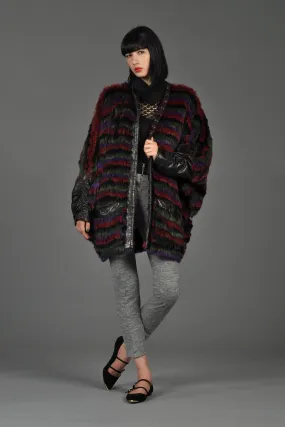 Striped Fox Fur   Knit Coat with Leather Sleeves