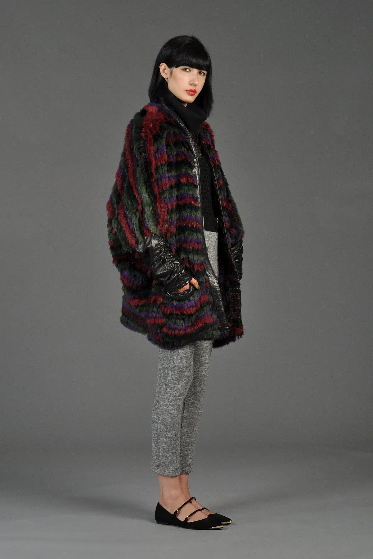 Striped Fox Fur   Knit Coat with Leather Sleeves