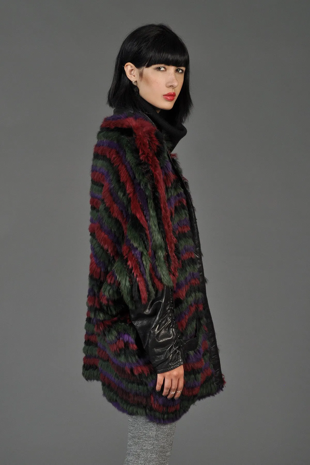 Striped Fox Fur   Knit Coat with Leather Sleeves