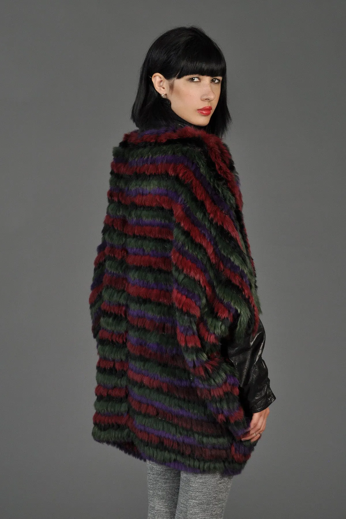 Striped Fox Fur   Knit Coat with Leather Sleeves