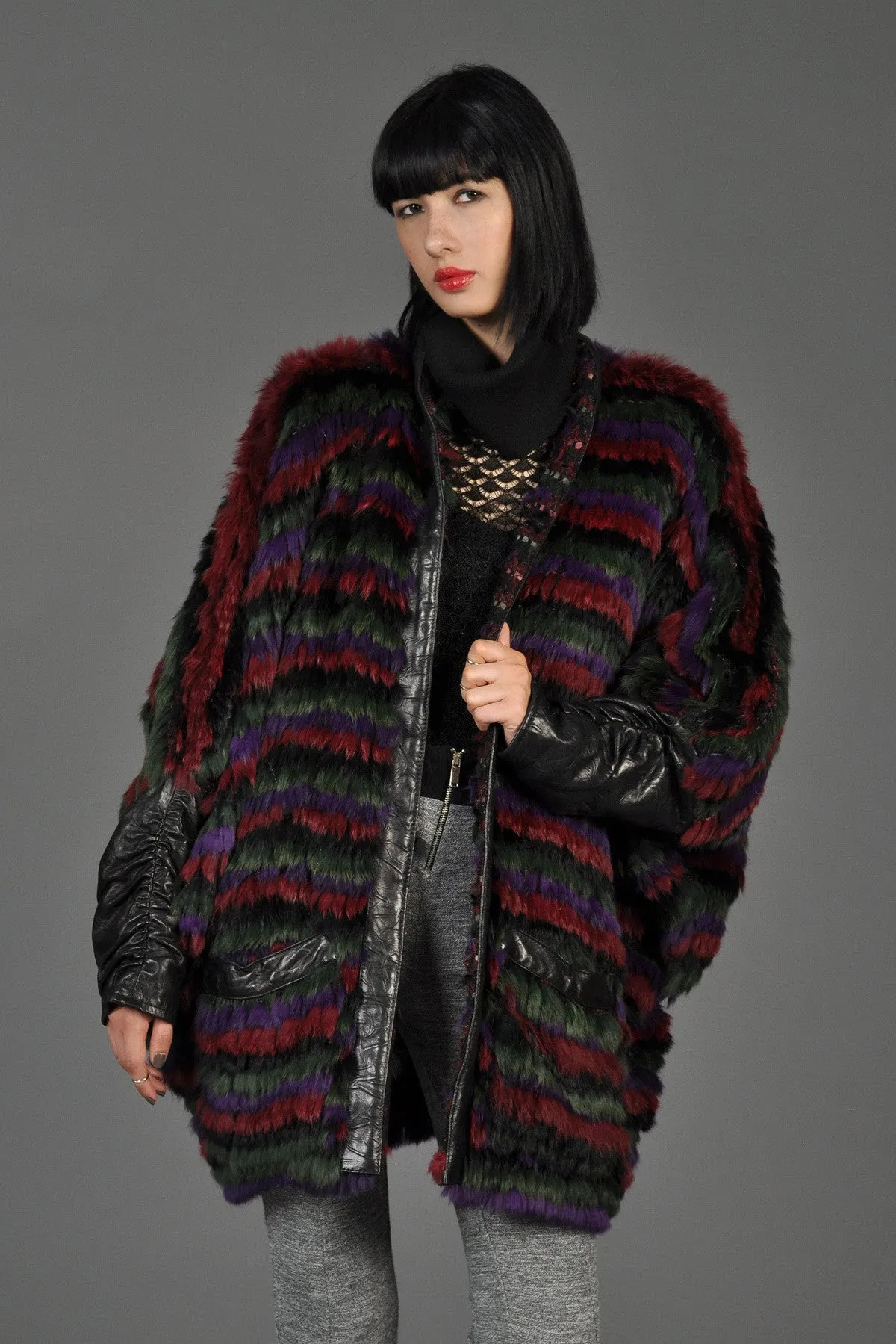 Striped Fox Fur   Knit Coat with Leather Sleeves