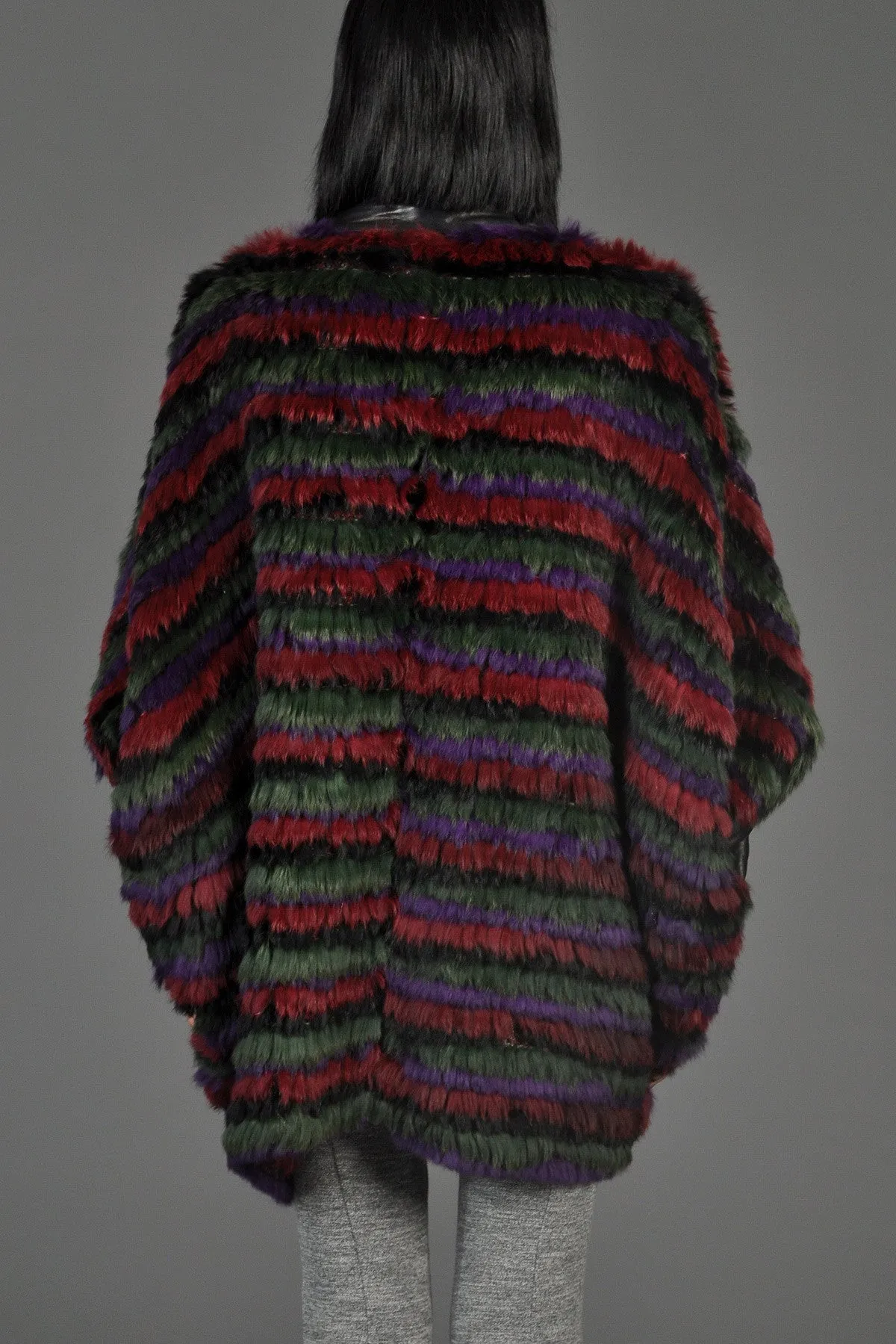 Striped Fox Fur   Knit Coat with Leather Sleeves