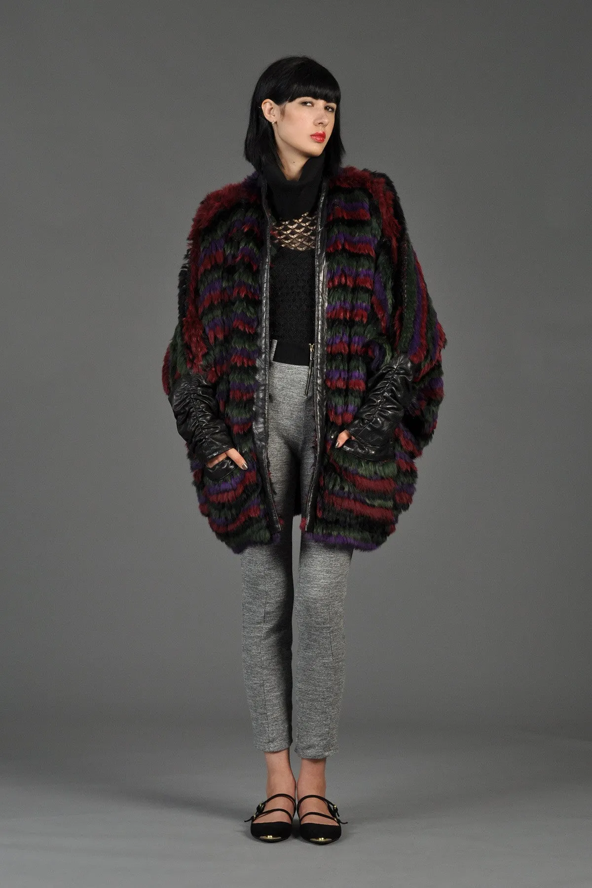 Striped Fox Fur   Knit Coat with Leather Sleeves