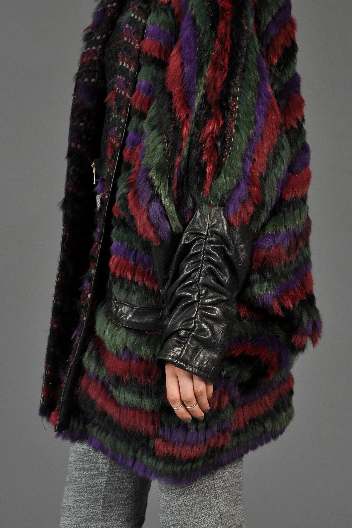 Striped Fox Fur   Knit Coat with Leather Sleeves