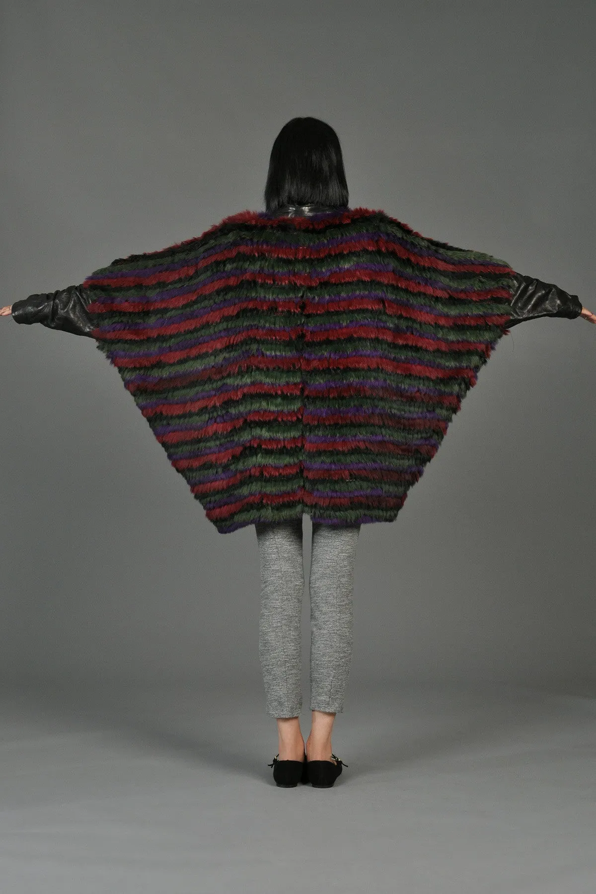 Striped Fox Fur   Knit Coat with Leather Sleeves