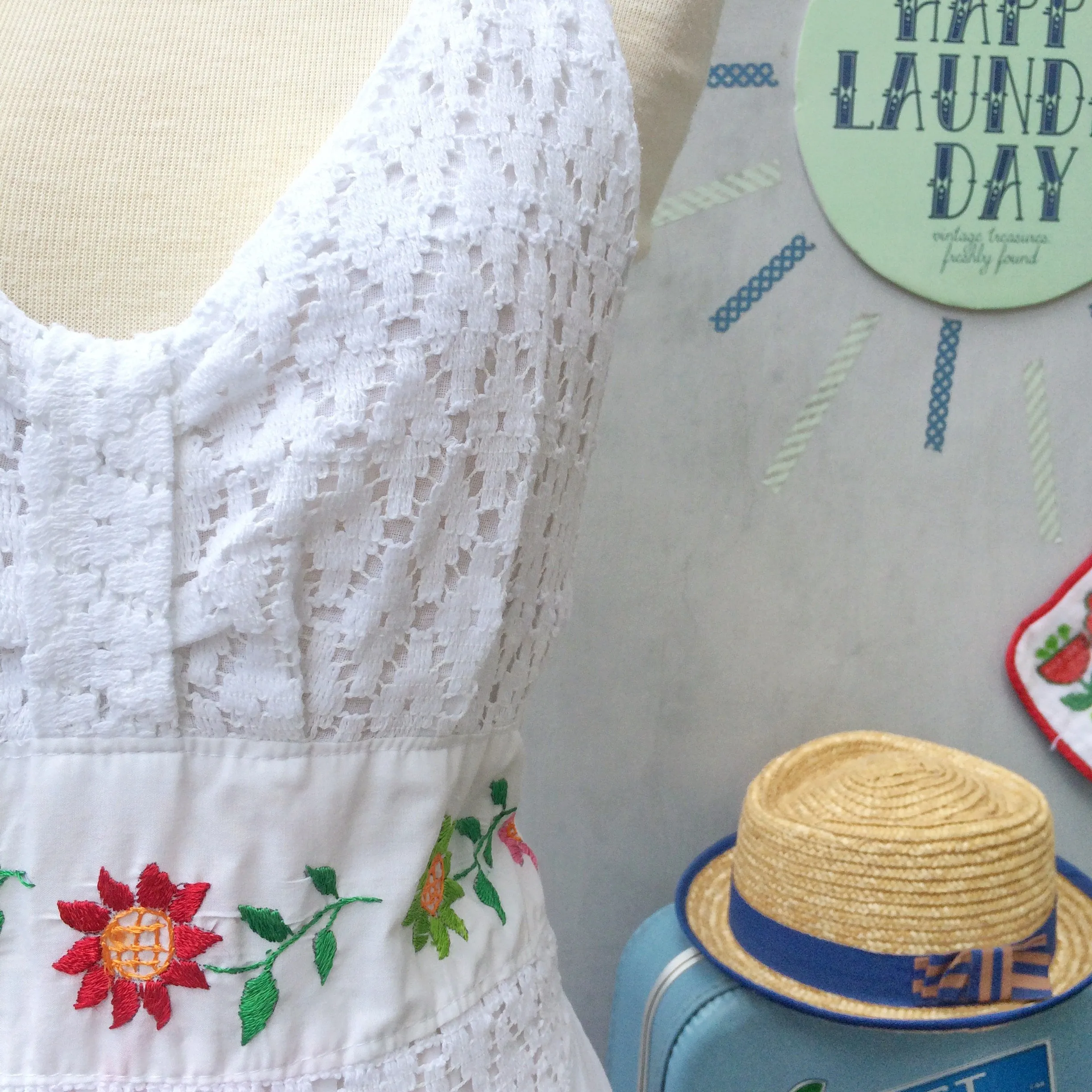 Summer Music | Vintage 1970s Hippie Bohemian Summer Festival Crochet and Embroidery Halter Neck Dress