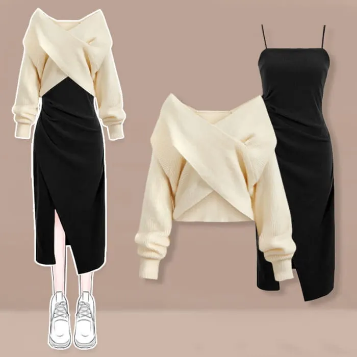 Sweet Cross Knit Sweater Ruffled Split Slip Dress