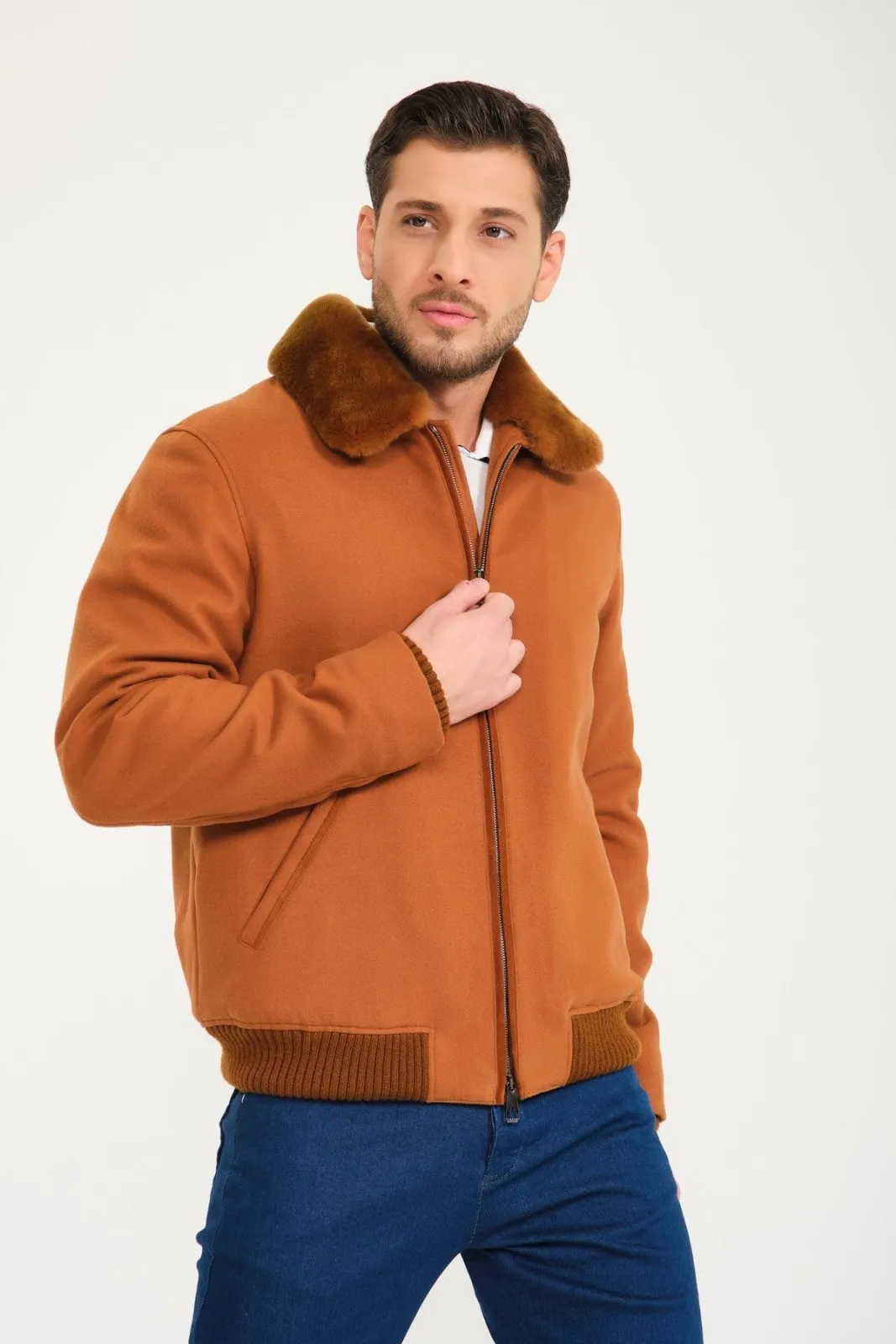 Tobacco Color Wool & Rex Fur Coat