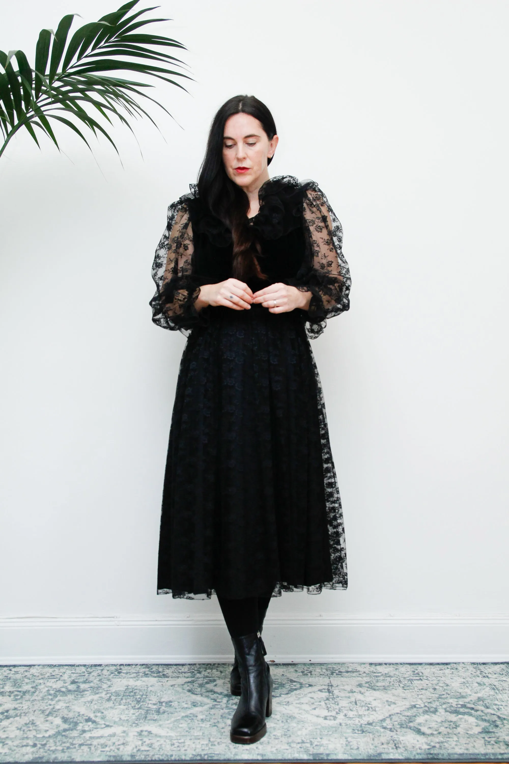 Vintage Black Velvet Lace Vera Mont Midi Dress