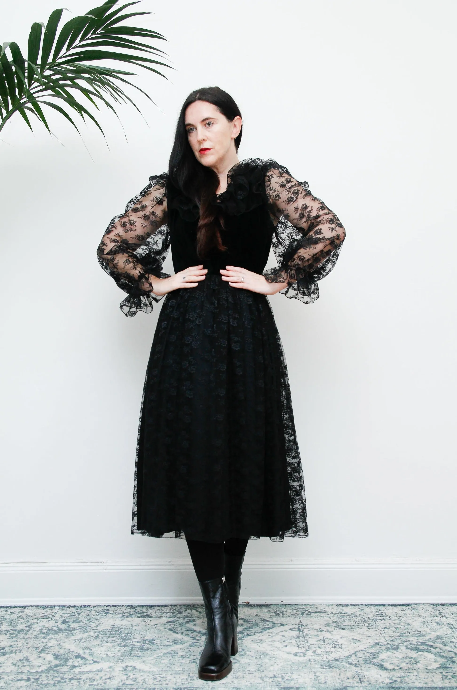 Vintage Black Velvet Lace Vera Mont Midi Dress