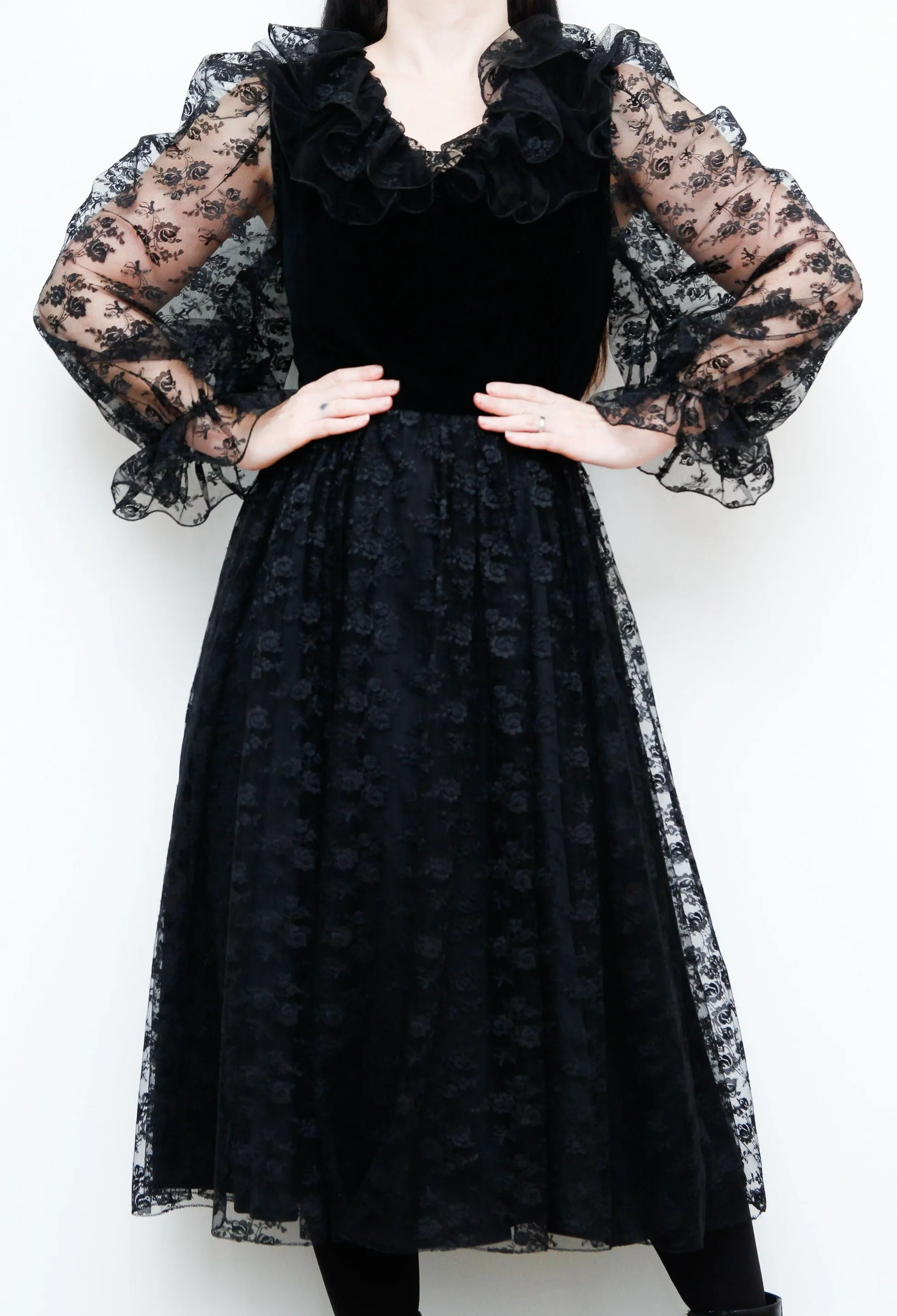 Vintage Black Velvet Lace Vera Mont Midi Dress
