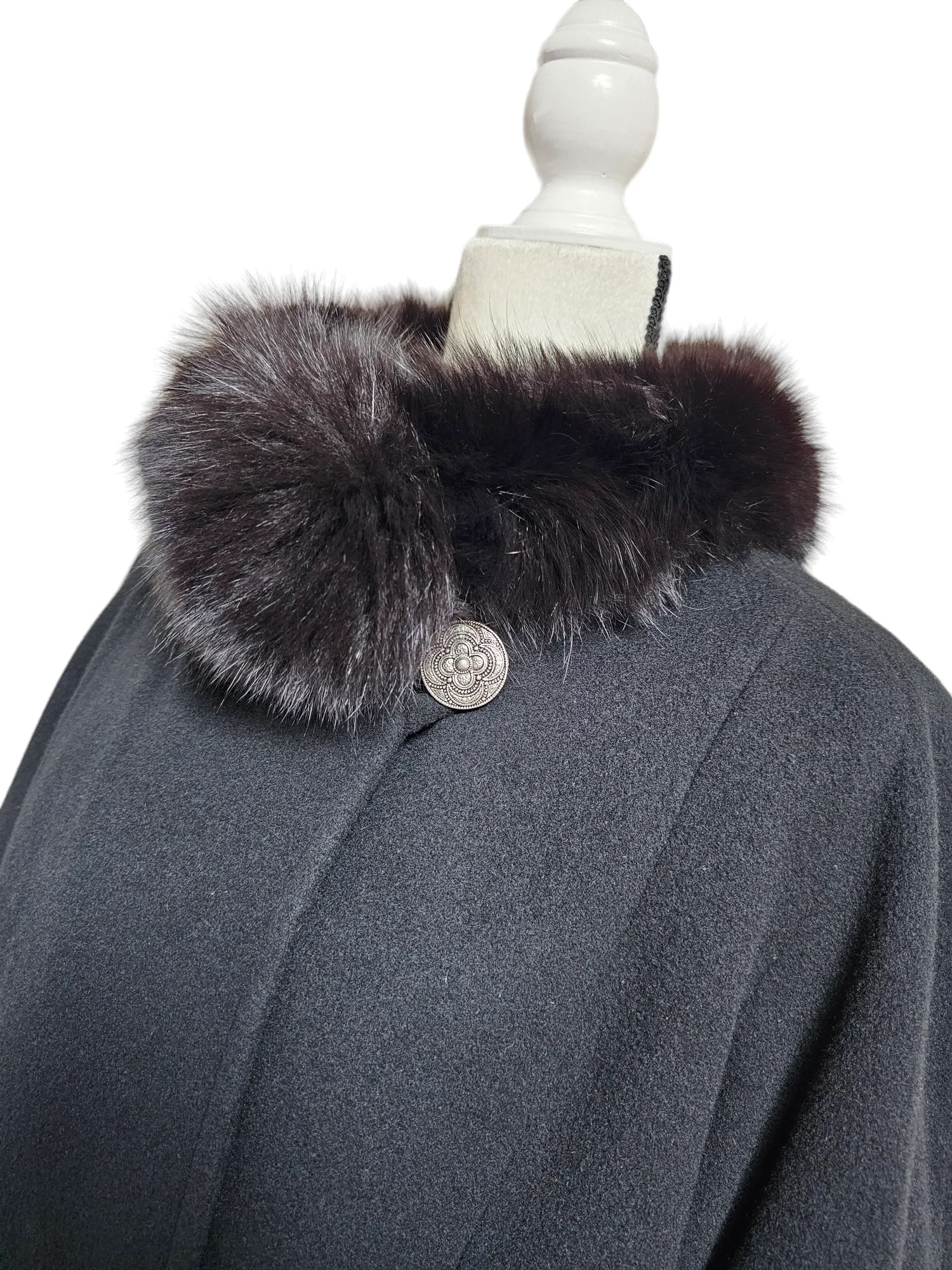 Vintage Nina Ricci Only at Bloomingdale's Cashmere Wool Swing Coat Fur Trim L/XL
