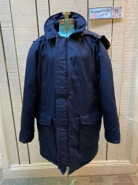 Vintage Northern Spirit Navy Blue Down-Filled Parka with Coyote Fur Trimmed Hood, Size 44