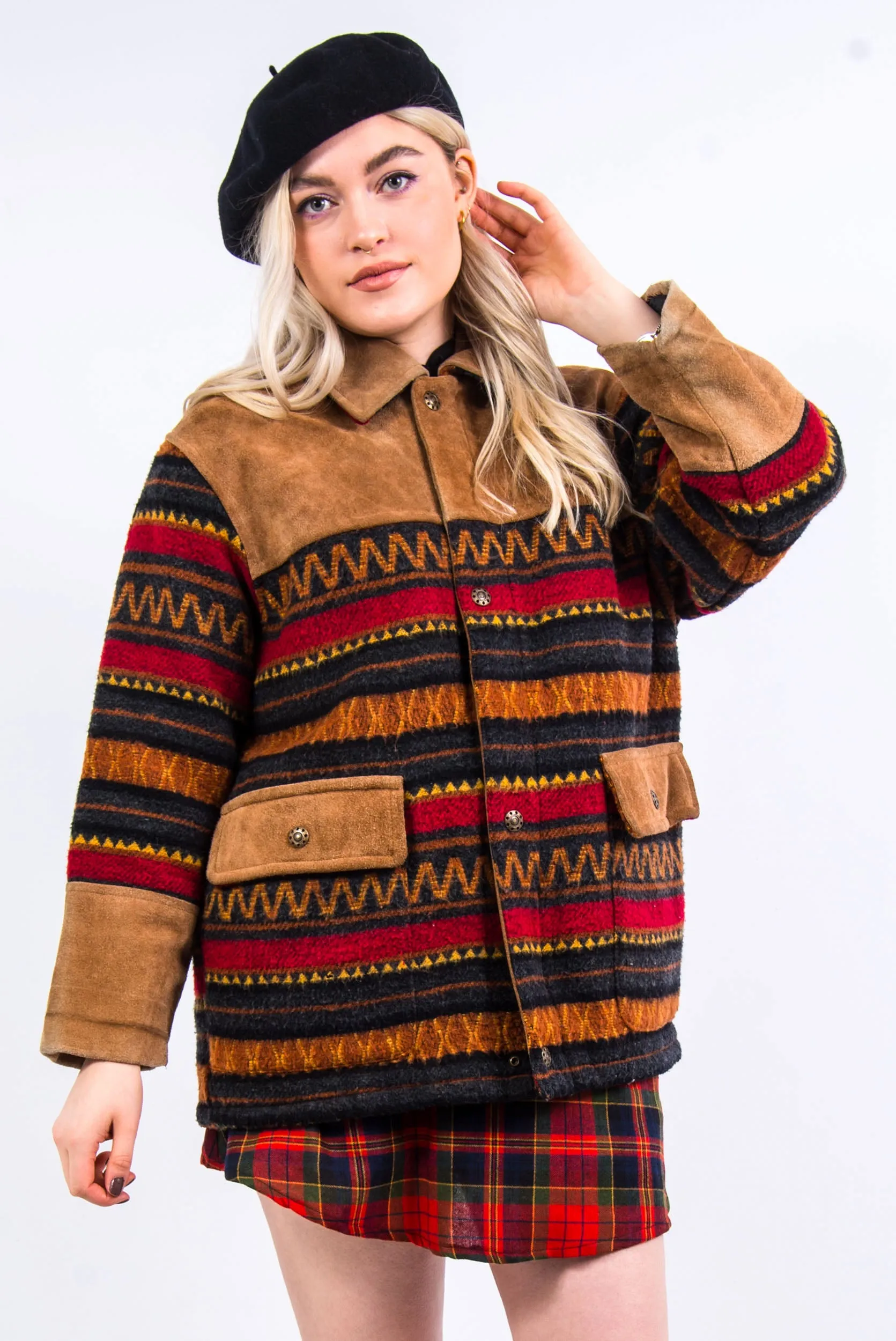 Vintage Wool & Suede Patterned Coat