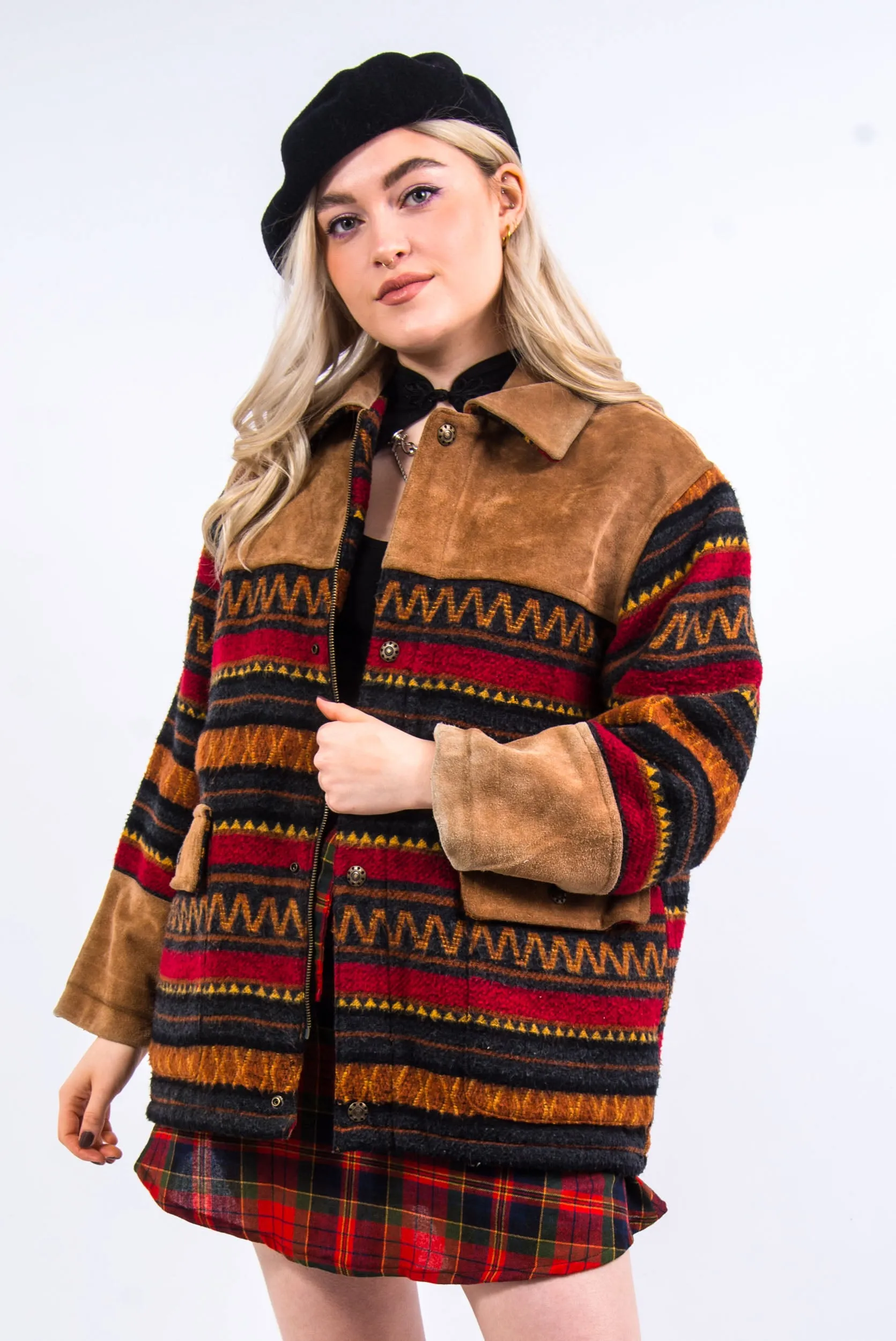 Vintage Wool & Suede Patterned Coat