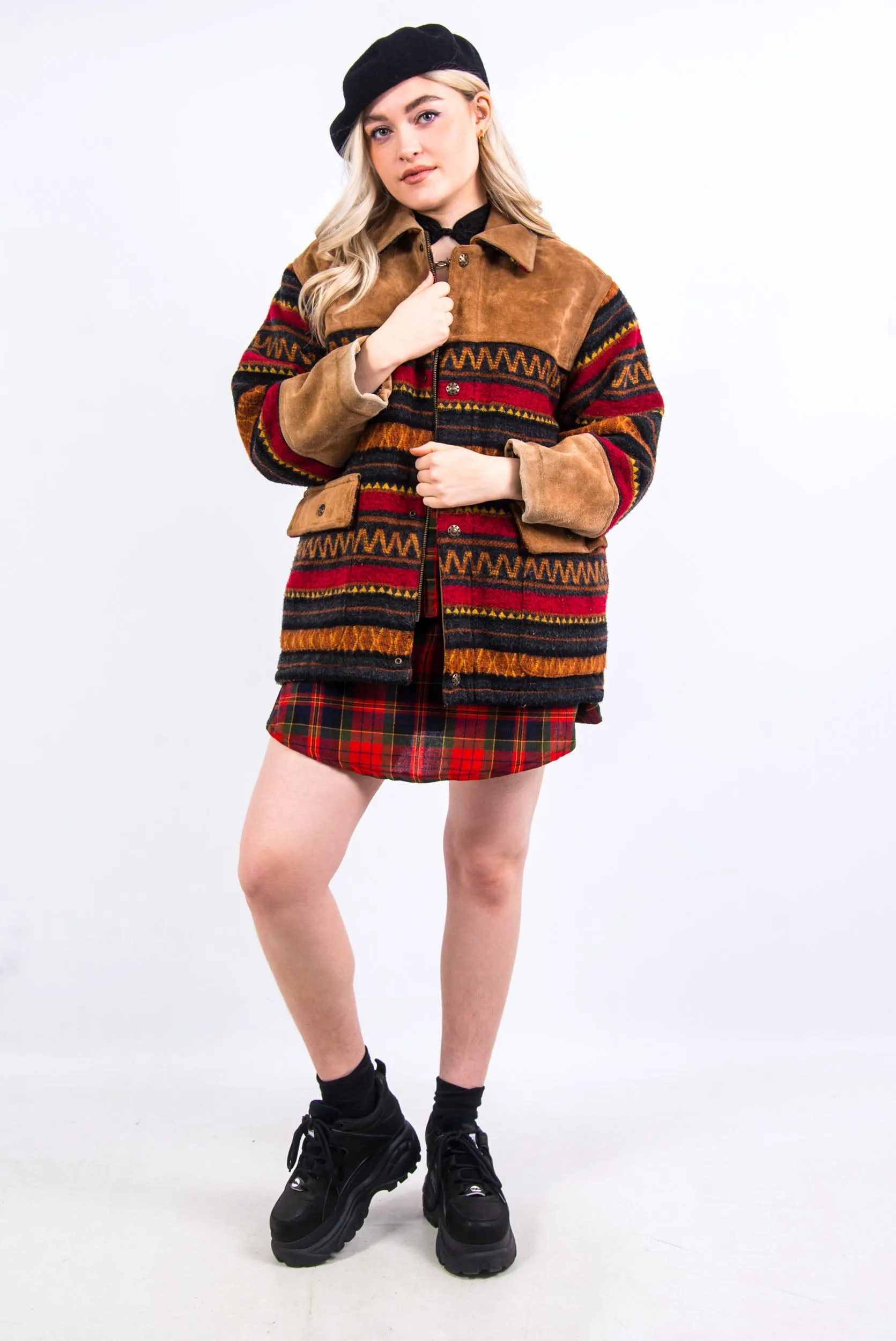 Vintage Wool & Suede Patterned Coat