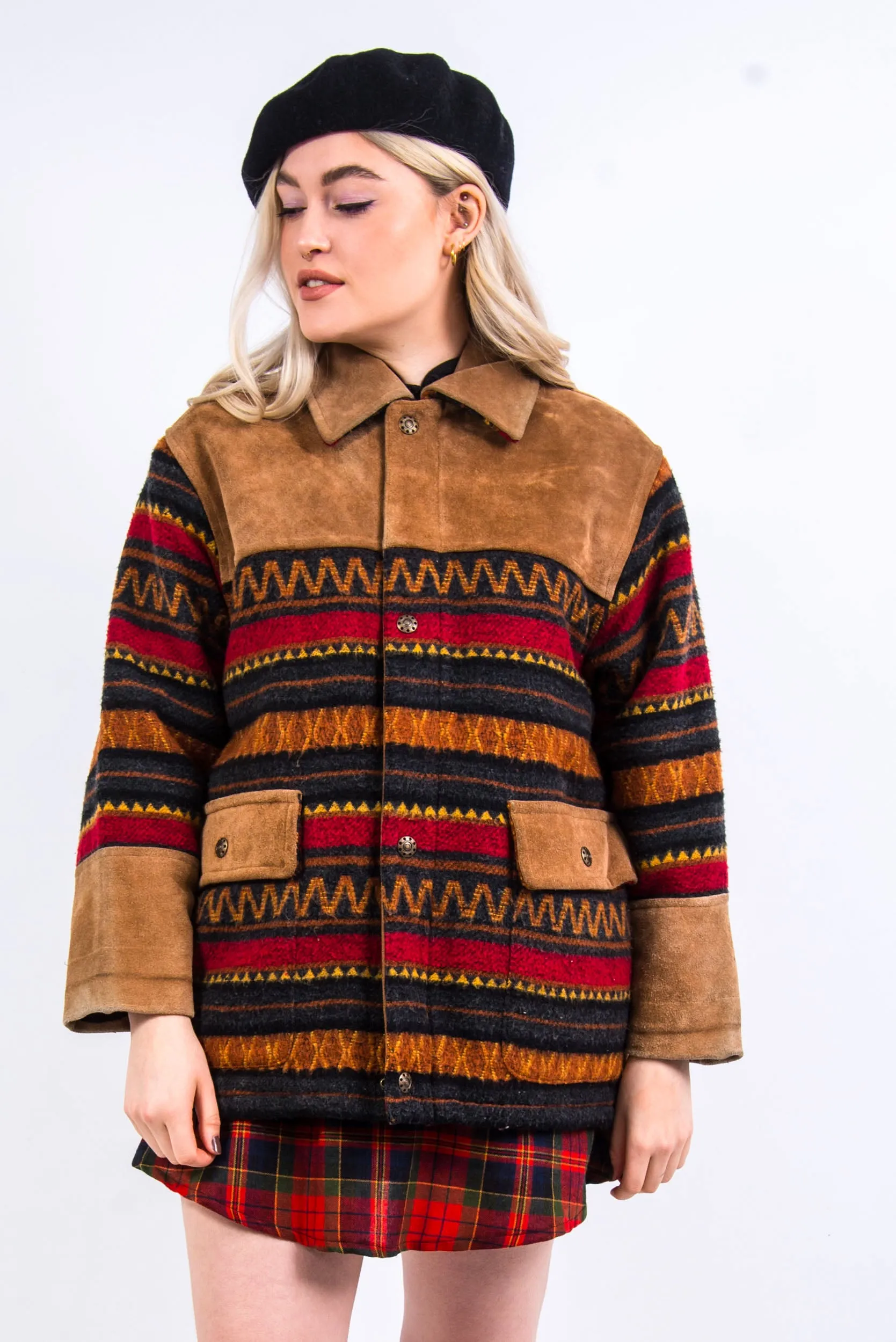 Vintage Wool & Suede Patterned Coat