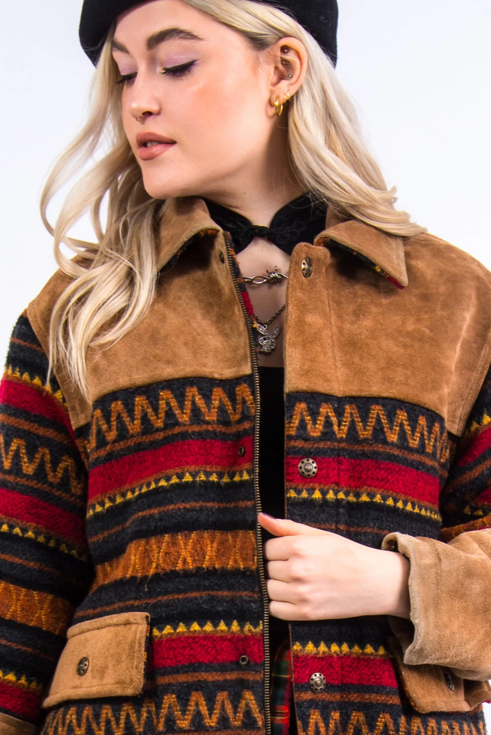 Vintage Wool & Suede Patterned Coat