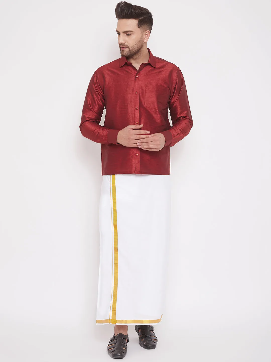 VM By VASTRAMAY Men's Maroon And White Silk Blend Shirt And Mundu Set