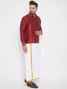 VM By VASTRAMAY Men's Maroon And White Silk Blend Shirt And Mundu Set