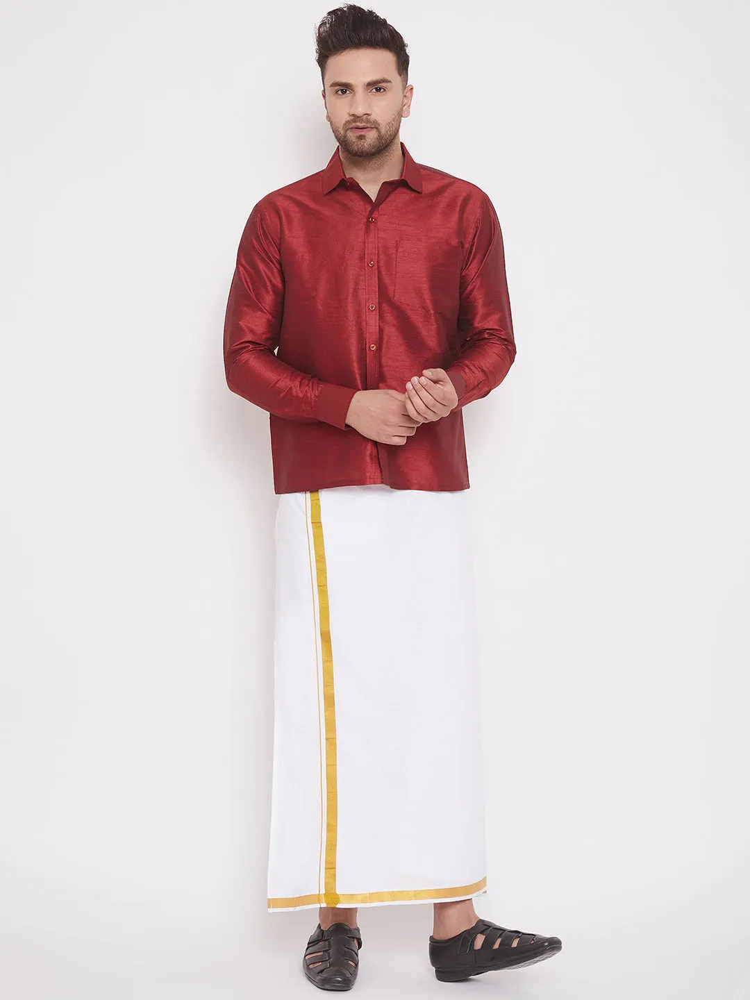 VM By VASTRAMAY Men's Maroon And White Silk Blend Shirt And Mundu Set