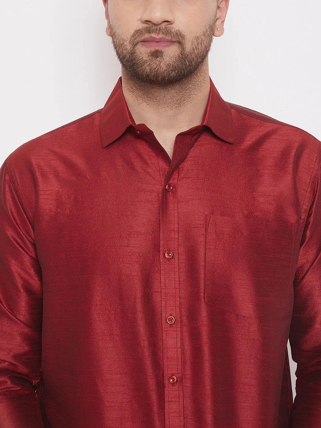 VM By VASTRAMAY Men's Maroon And White Silk Blend Shirt And Mundu Set