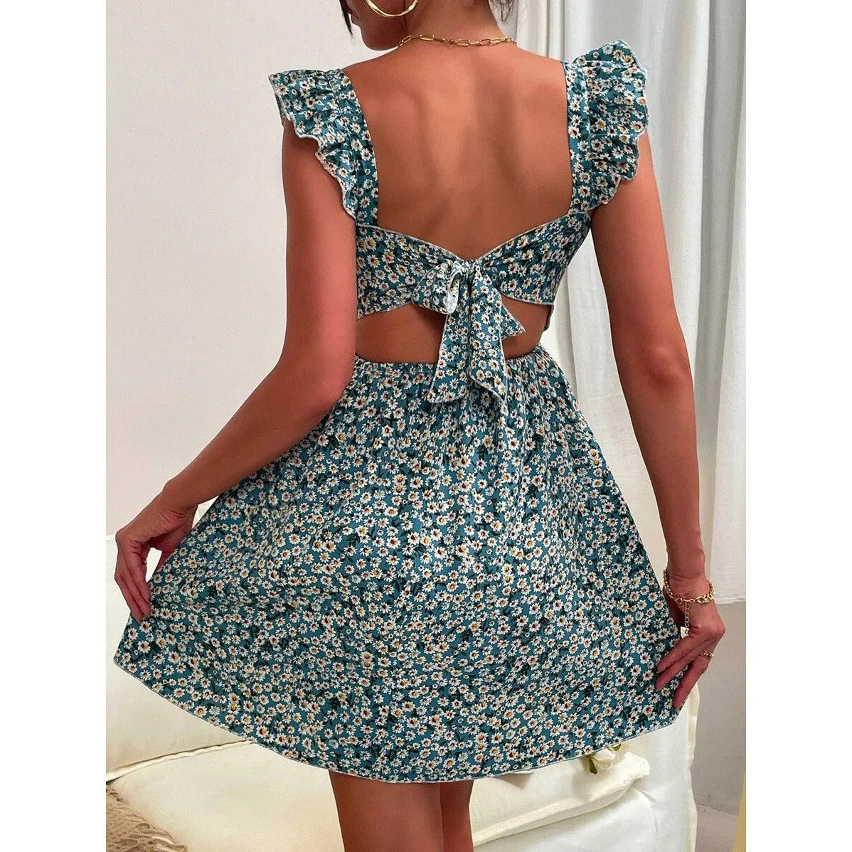 Voguable grunge dti New Women's Spring and Summer Square Collar Lotus Leaf Shoulder Bow Swing